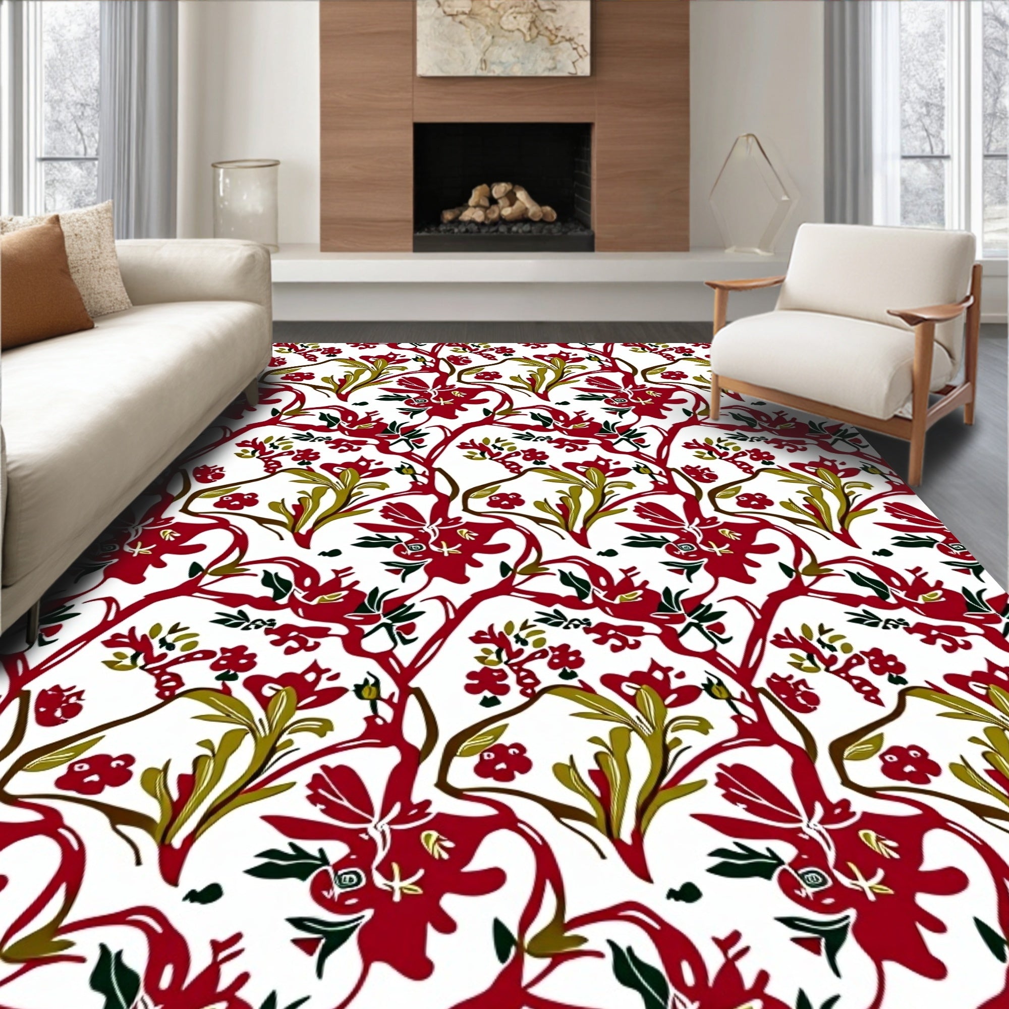 Crimson Scarlet Floral Vine Art Rug