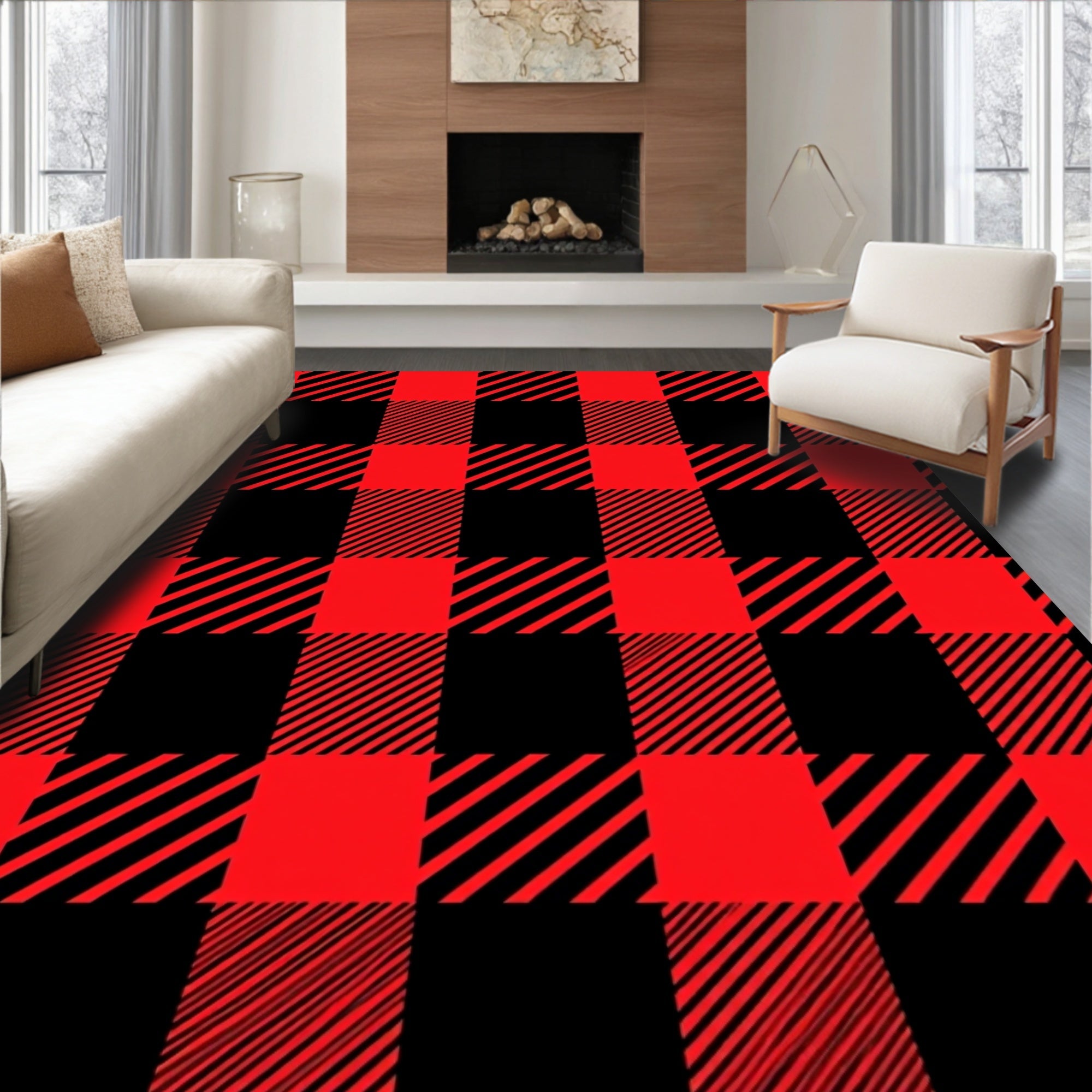 Bold Red Black Checkered Plaid Square Rug