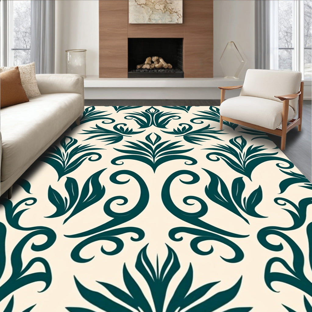 Deep Teal Flourishing Vine Scroll Rug
