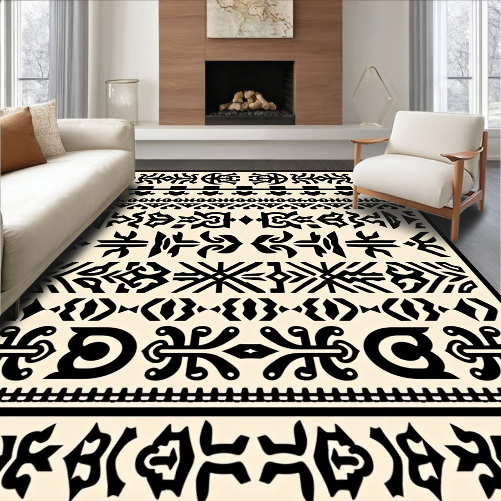 Tribal Black Eclectic Geometric Borders Rug