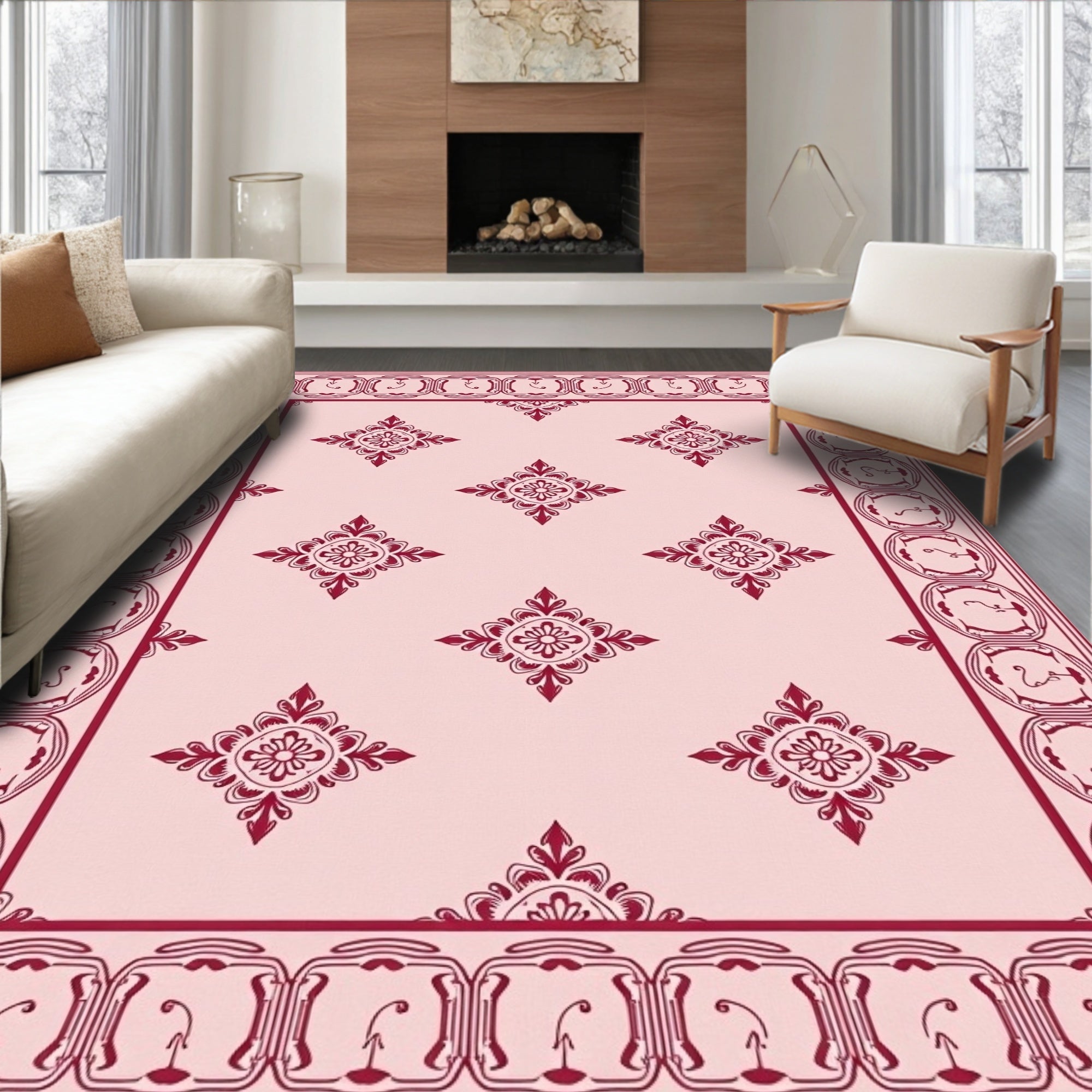 Deep Rose Medallion Square Border Rug