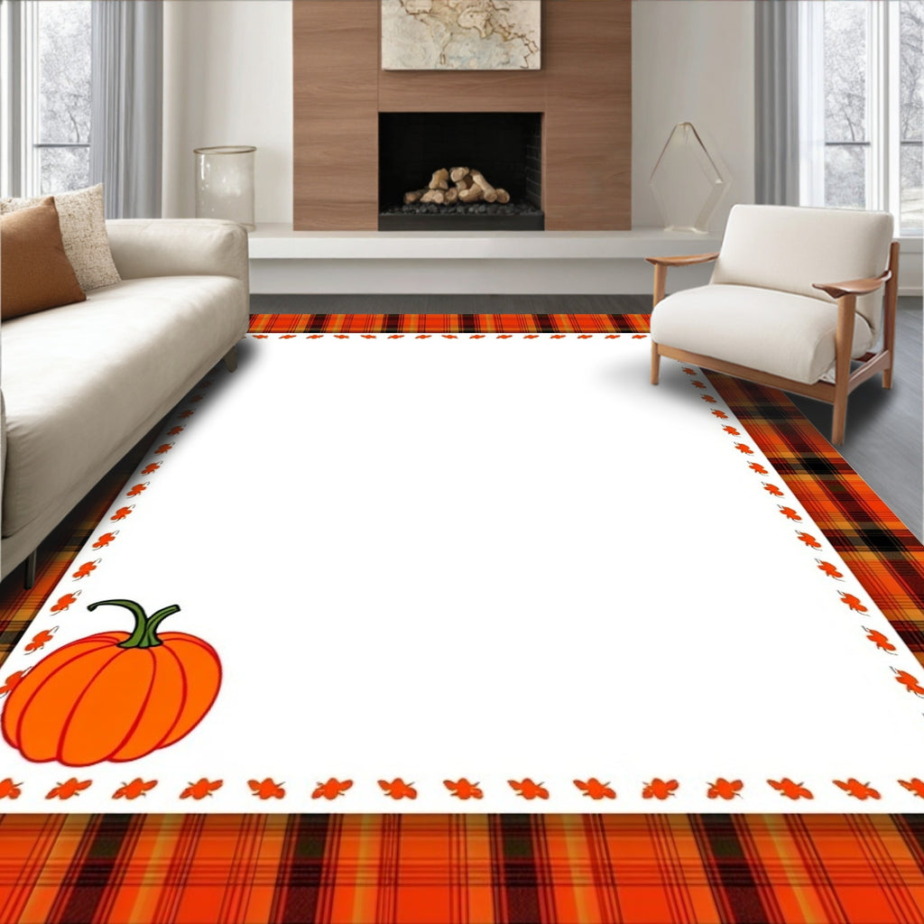 Orange Plaid Pumpkin Border Rug