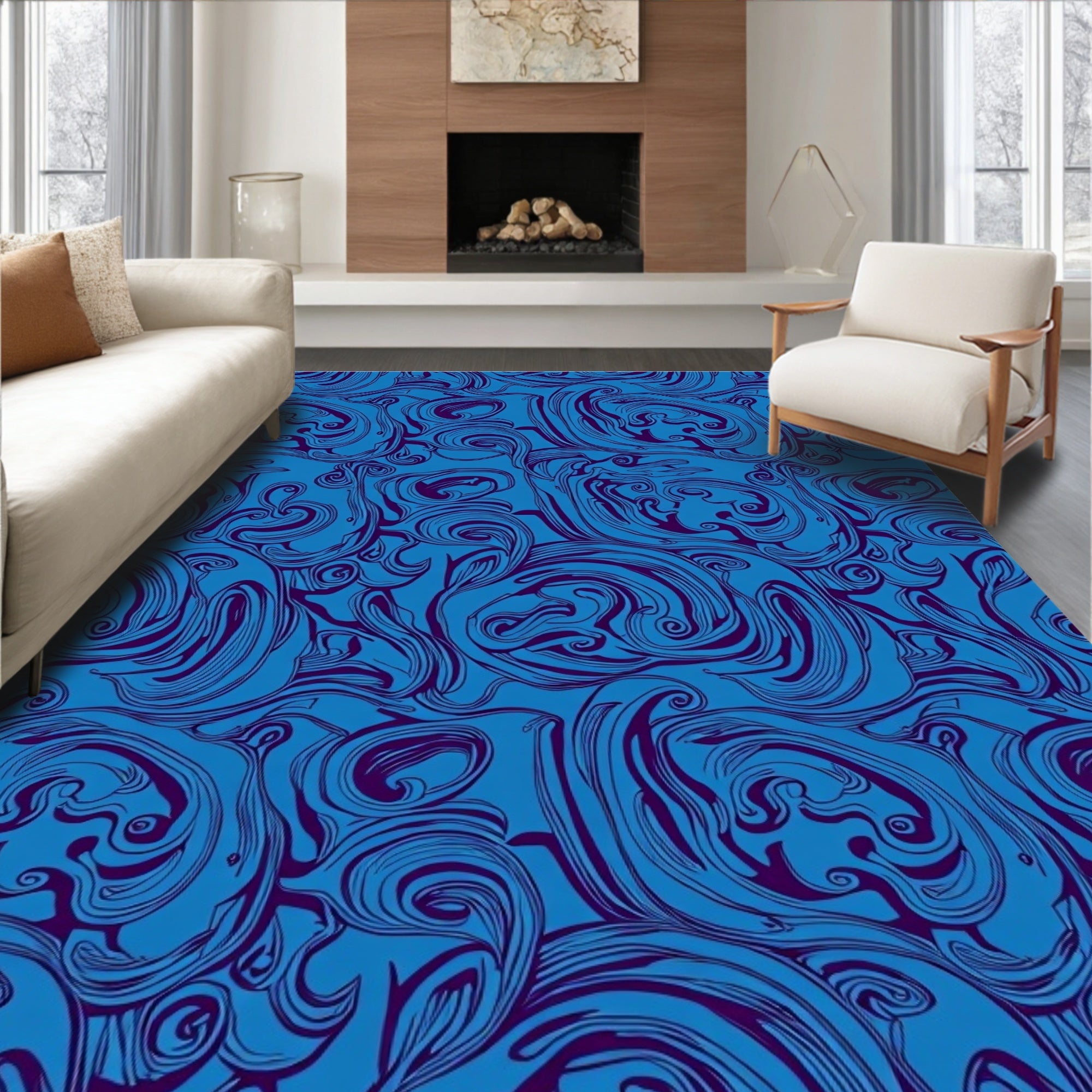 Deep Blue Swirling Organic Lines Rug