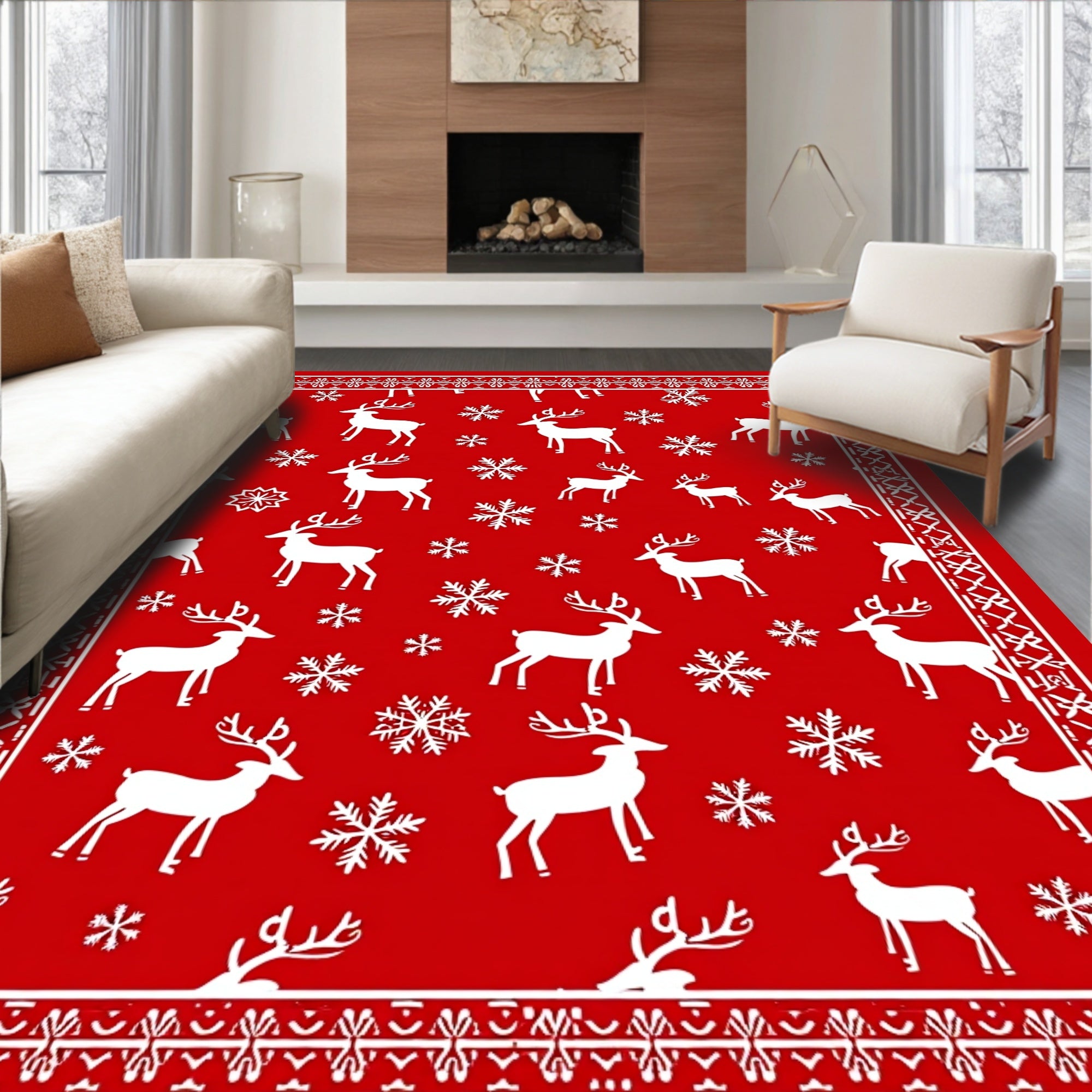 Festive Red Reindeer Snowflake Border Rug