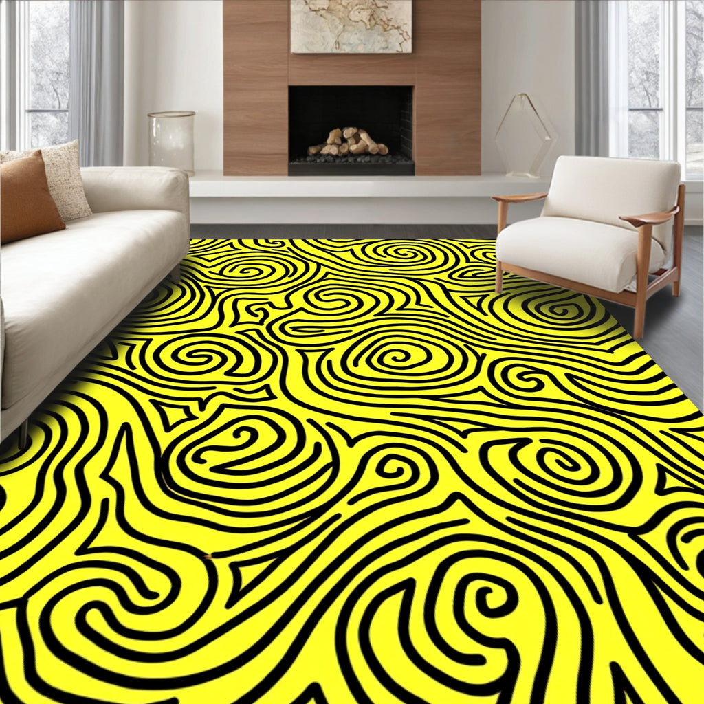 Bright Yellow Swirling Lines Abstract Artwork Rug