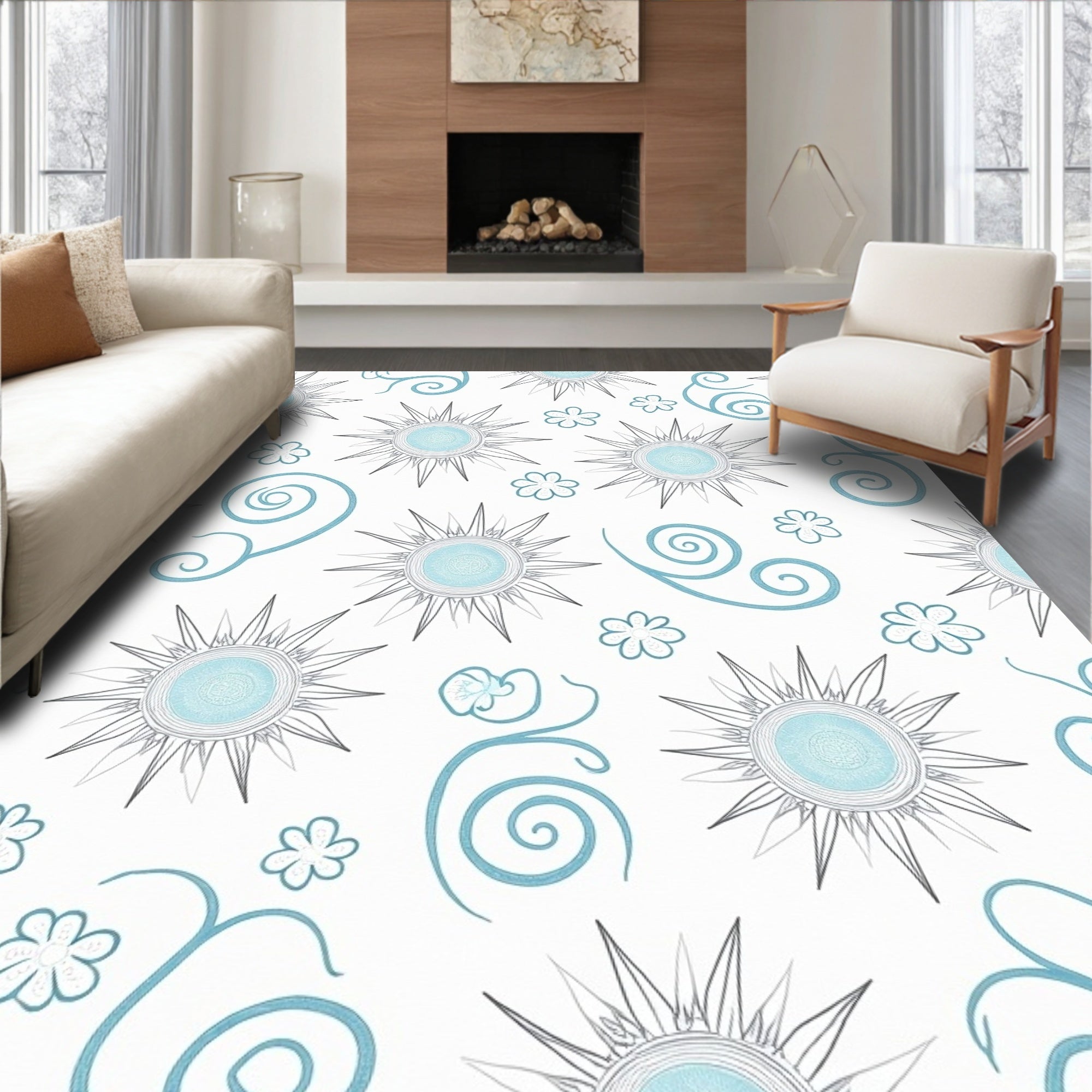 Blue Sunburst Floral Swirls Rug