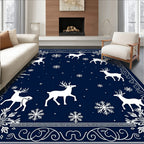 Navy Blue Winter Reindeer Snowflakes Rug