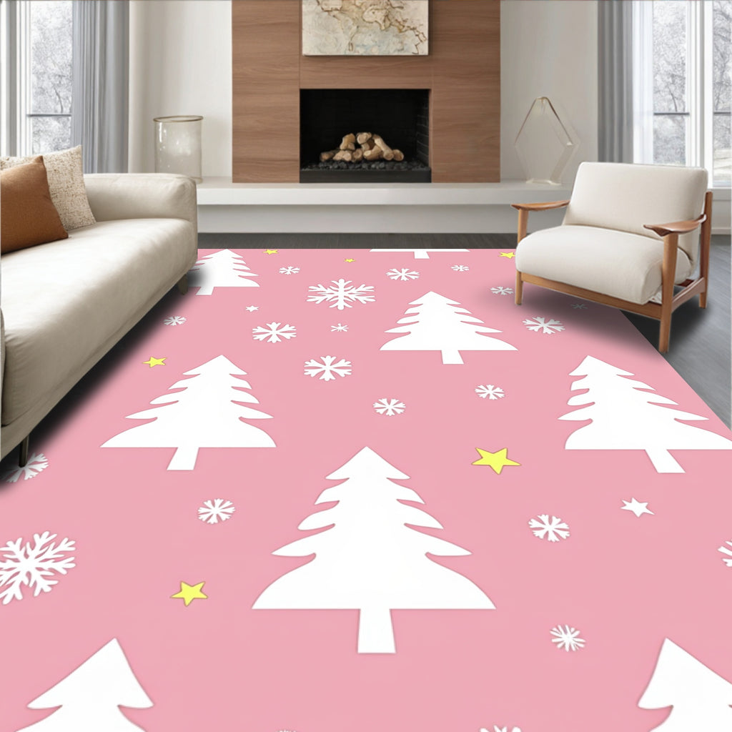 Pink White Christmas Tree Snowflake Stars Rug