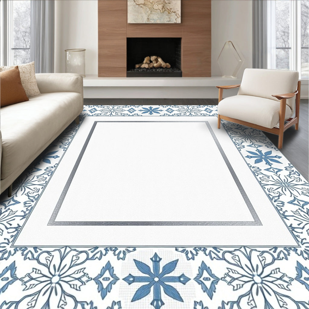 Blue White Tile Floral Border Rug