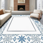 Blue White Tile Floral Border Rug