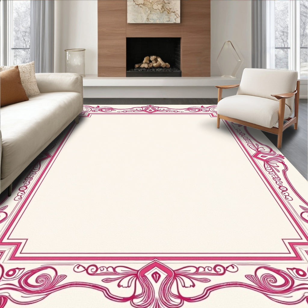 Elegant Pink Floral Scrollwork Border Rug