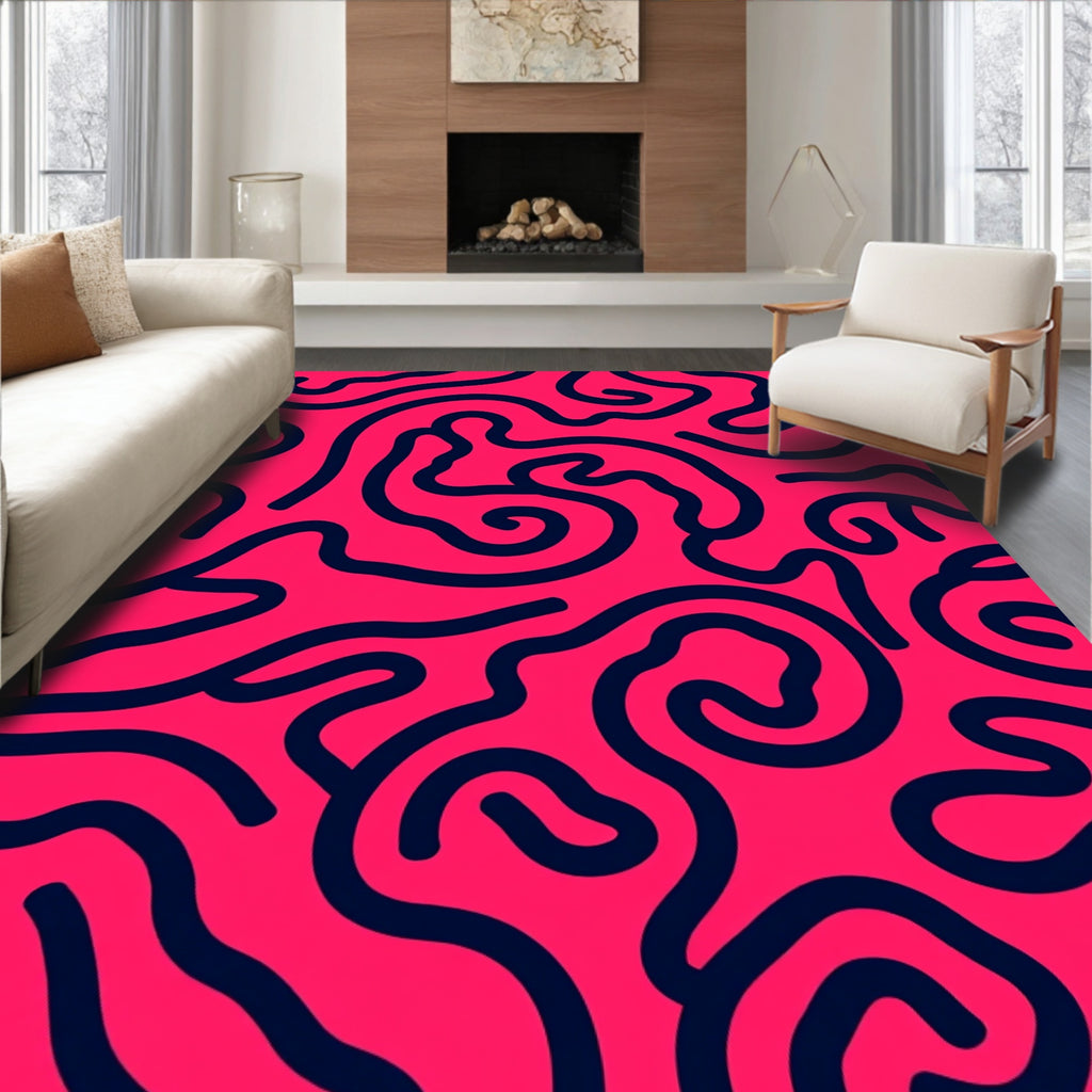 Bold Pink Abstract Swirl Lines Rug
