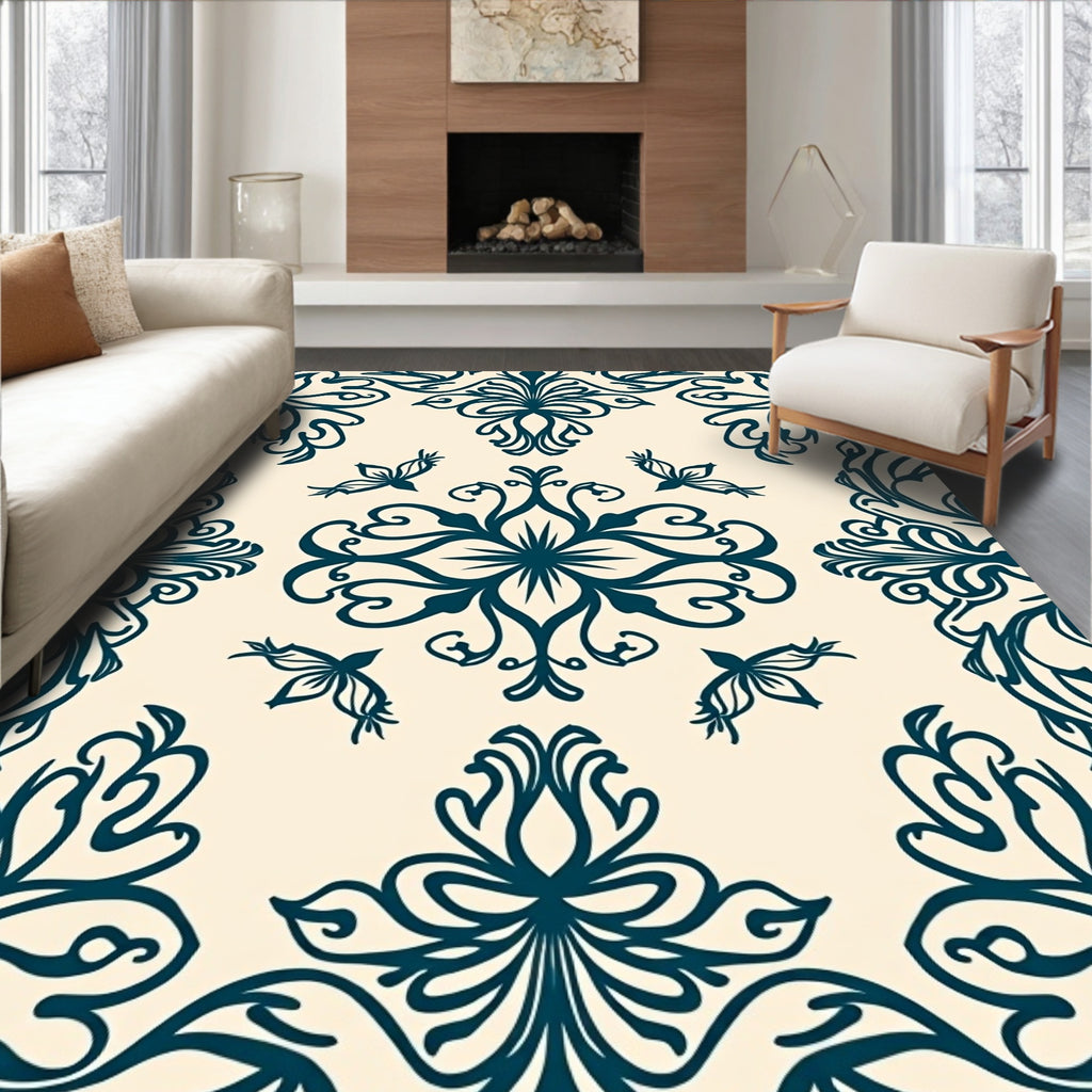 Deep Teal Floral Bird Medallion Rug