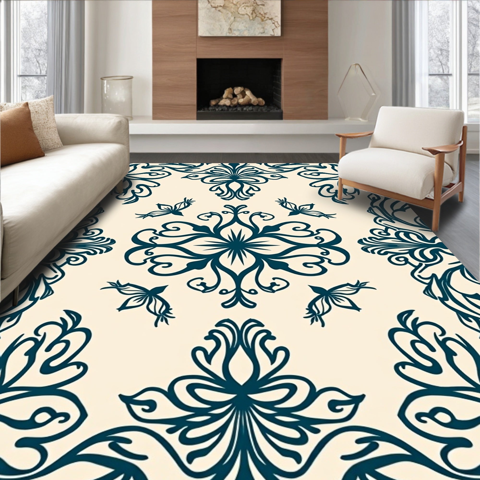 Deep Teal Floral Bird Medallion Rug