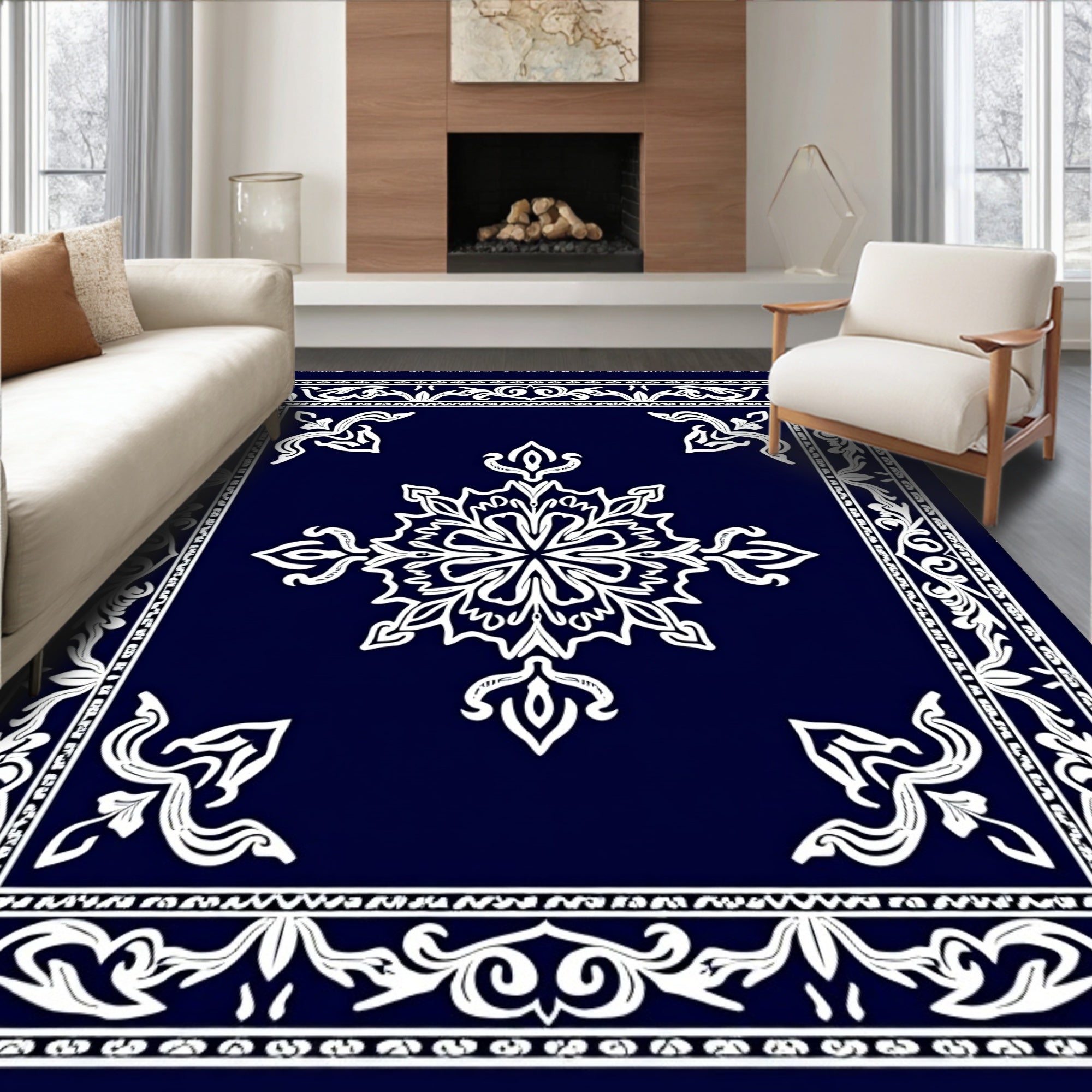Navy White Floral Mandala Border Rug