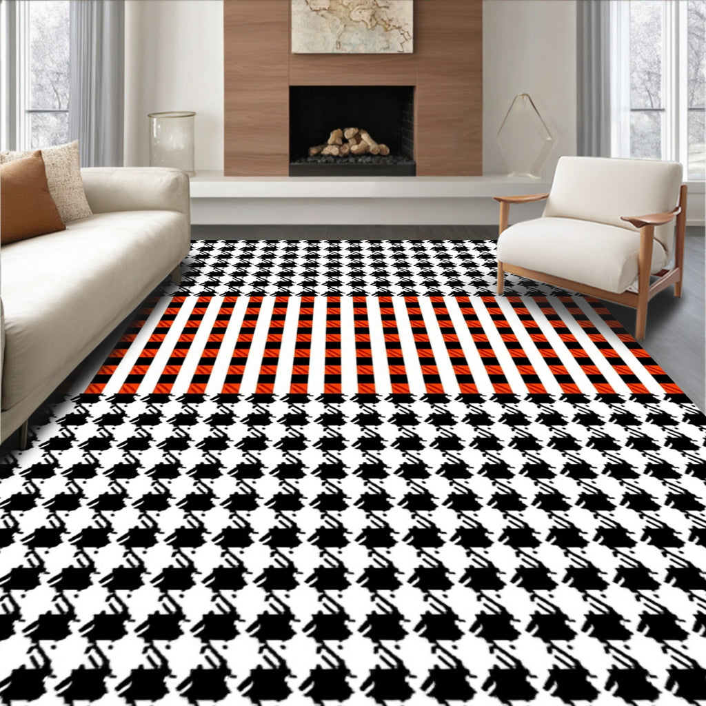 Black White Orange Gingham Houndstooth Rug
