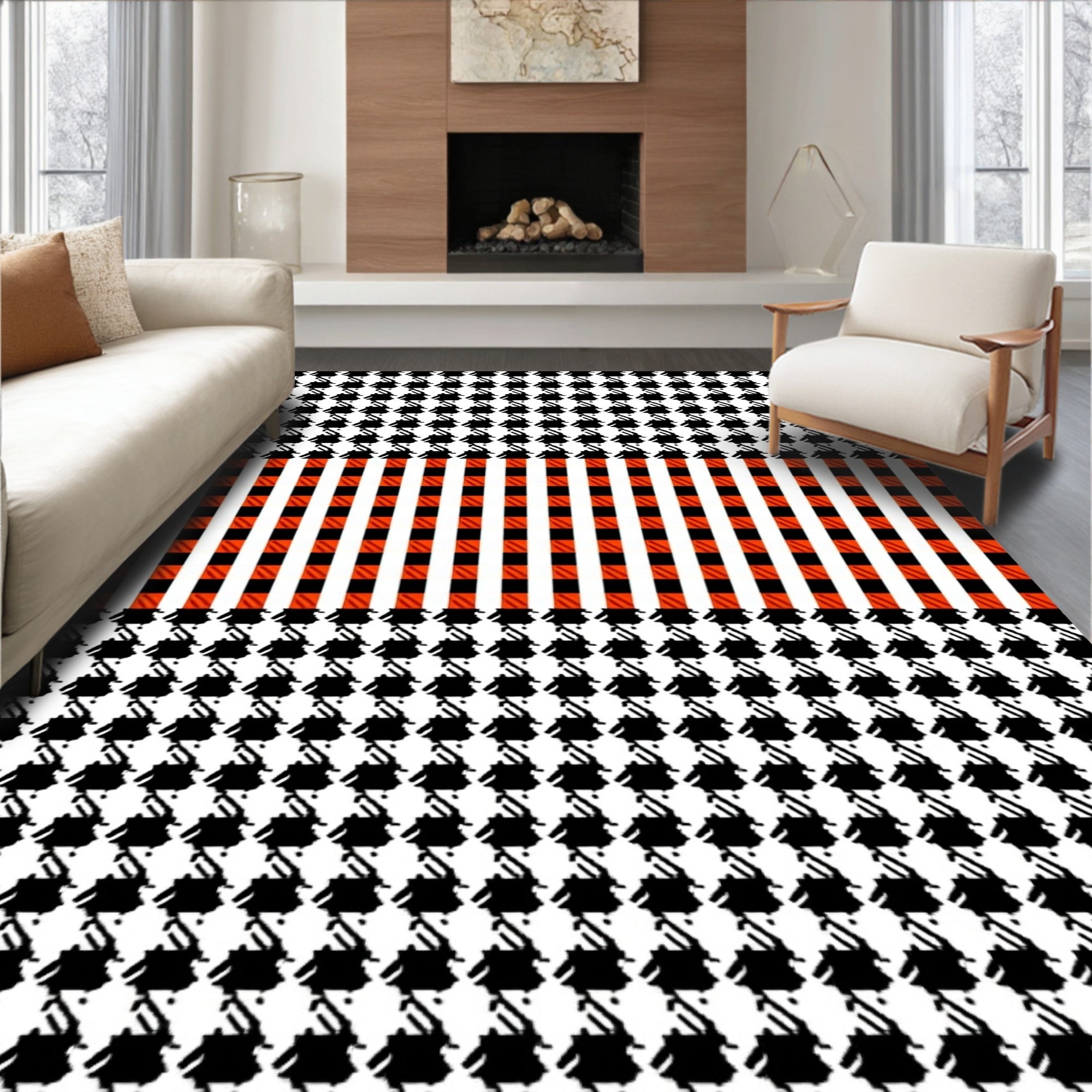 Black White Orange Gingham Houndstooth Rug