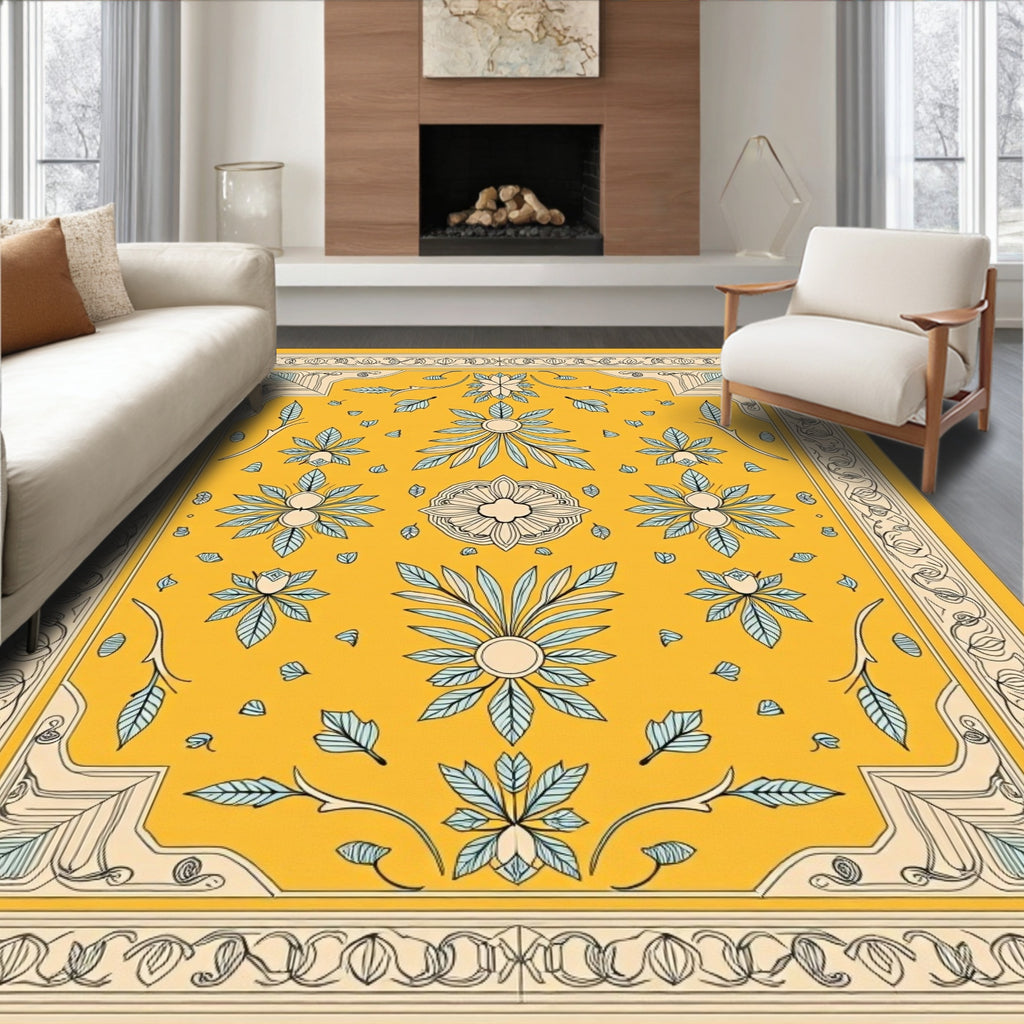 Golden Yellow Floral Foliage Rug