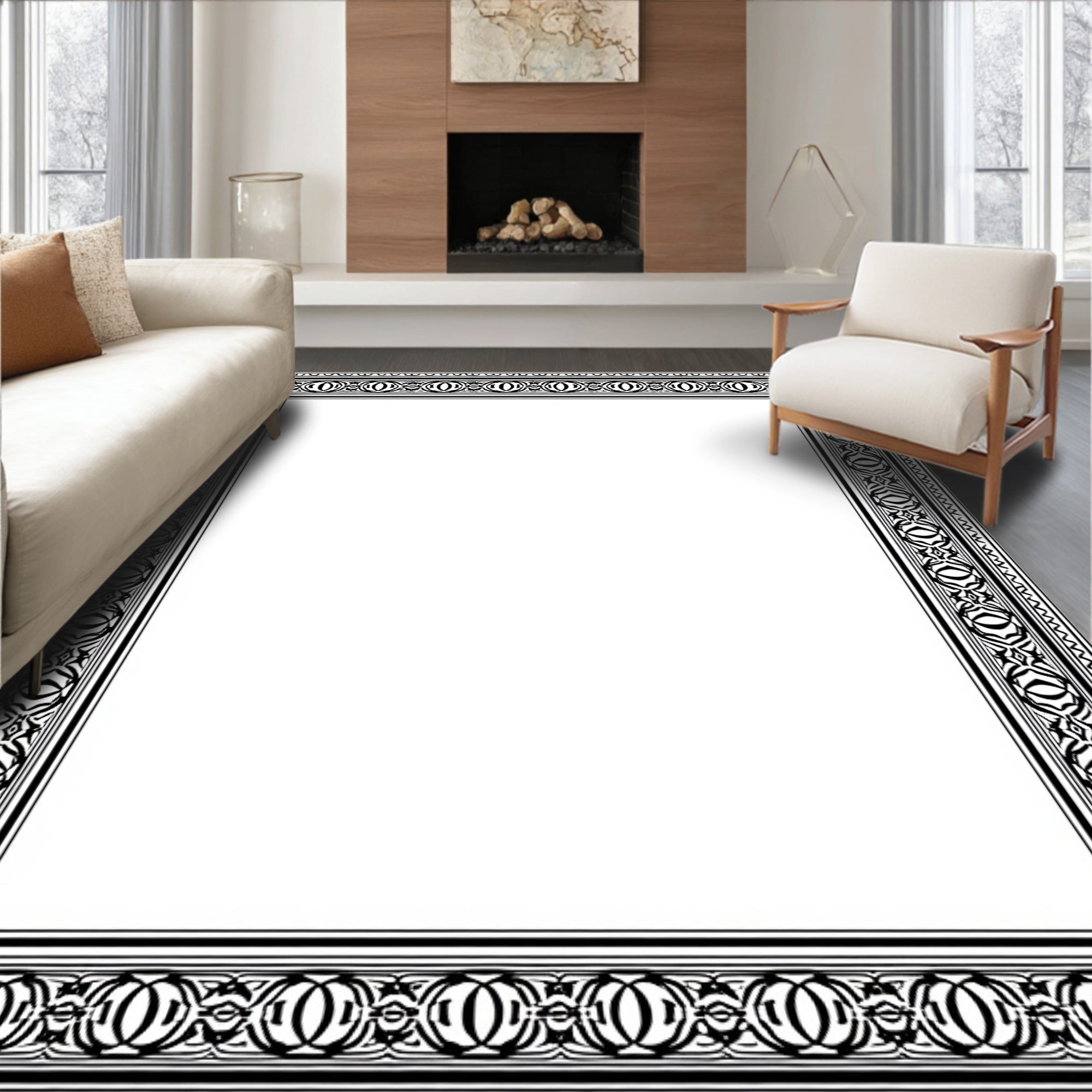 Monochromatic Black Geometric Ornate Border Rug