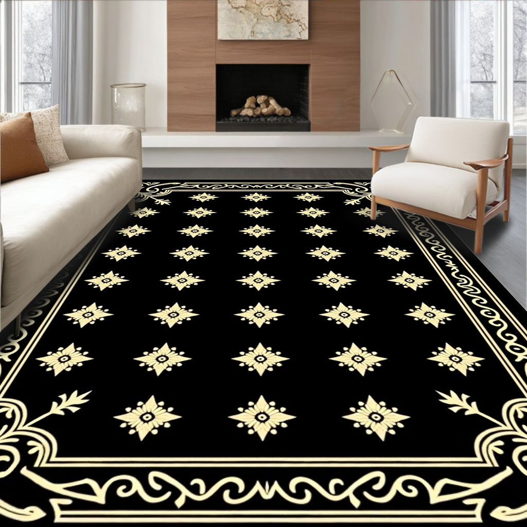 Black Golden Floral Square Medallion Rug