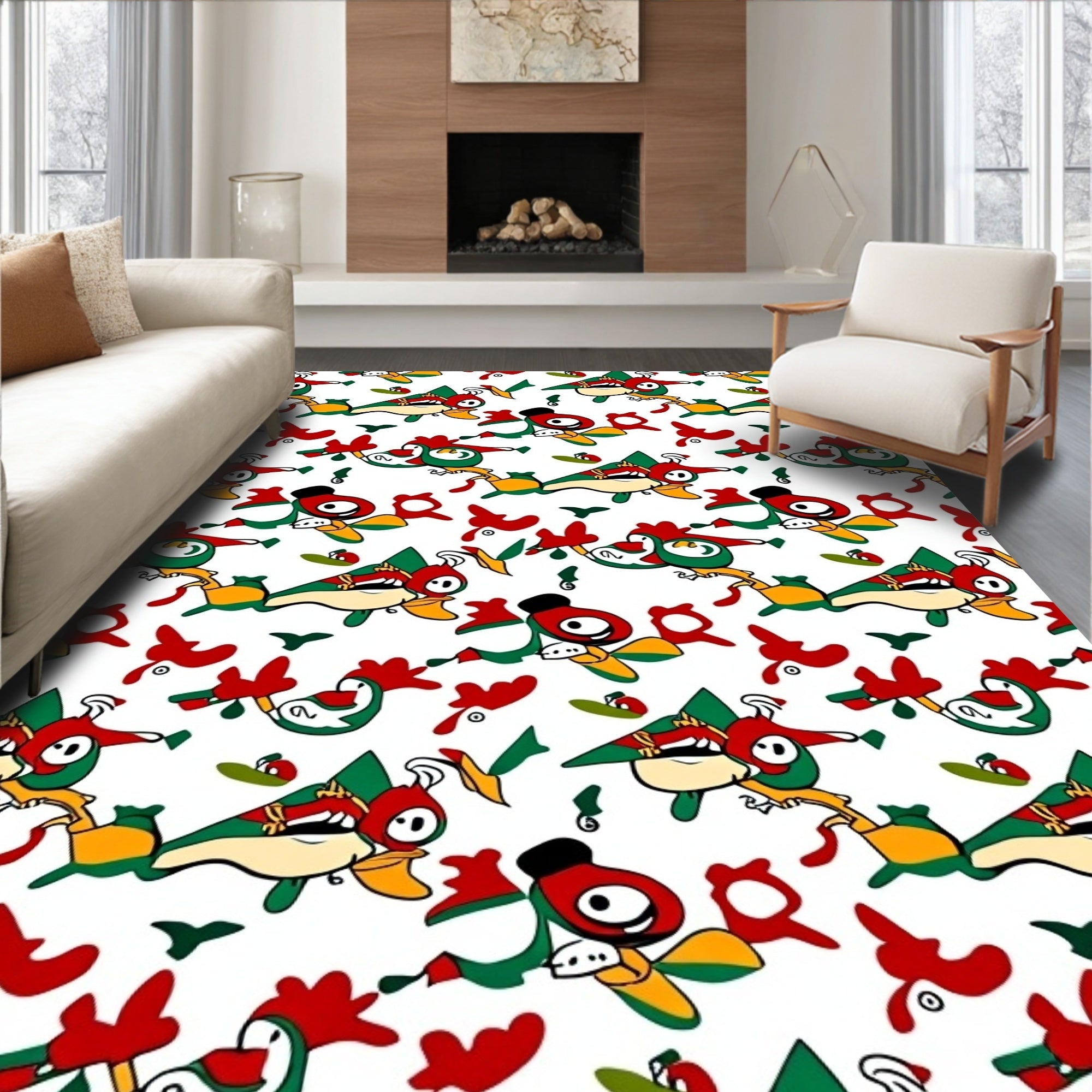 Whimsical Red Green Bird Whimsy Rug