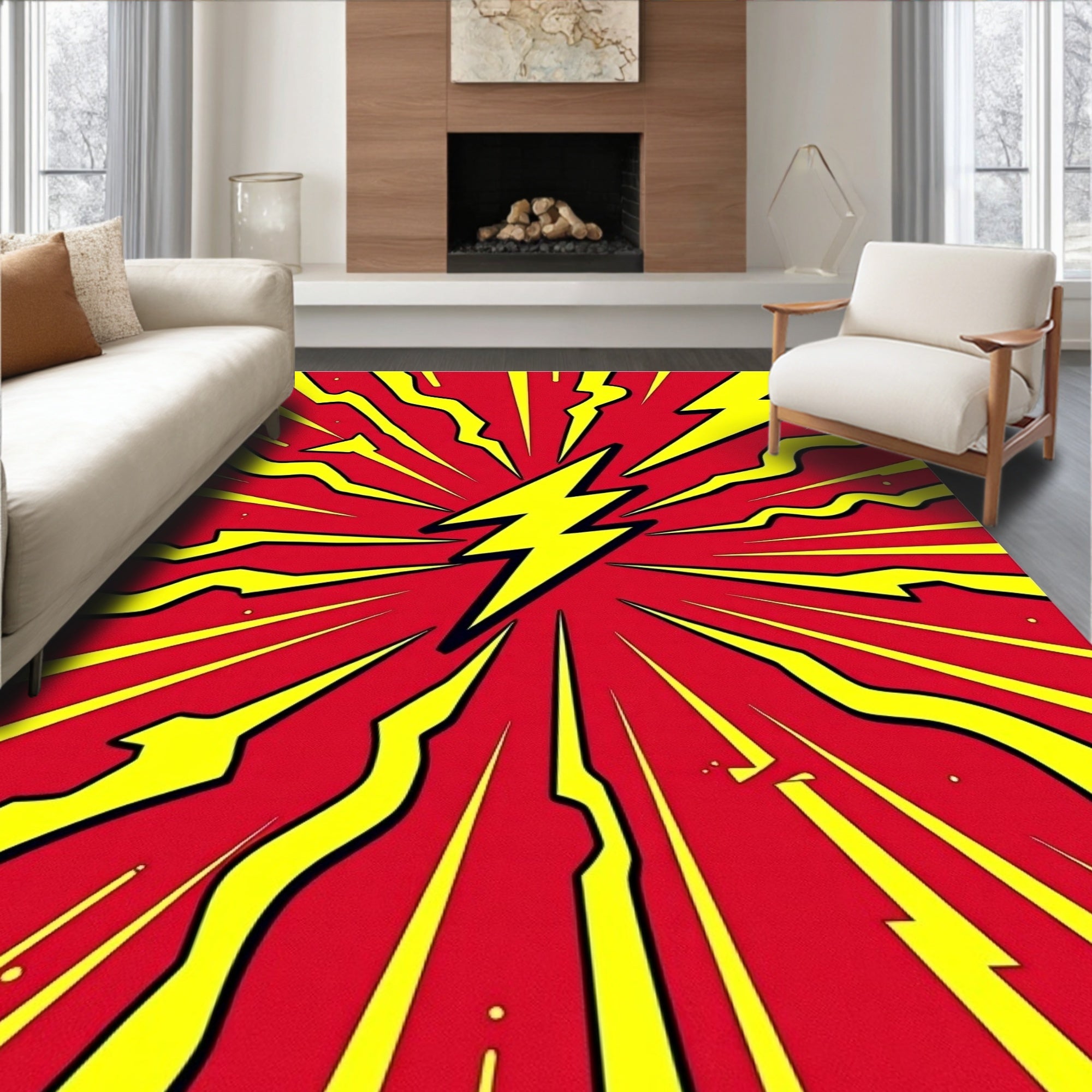 Dynamic Red Yellow Lightning Burst Rug
