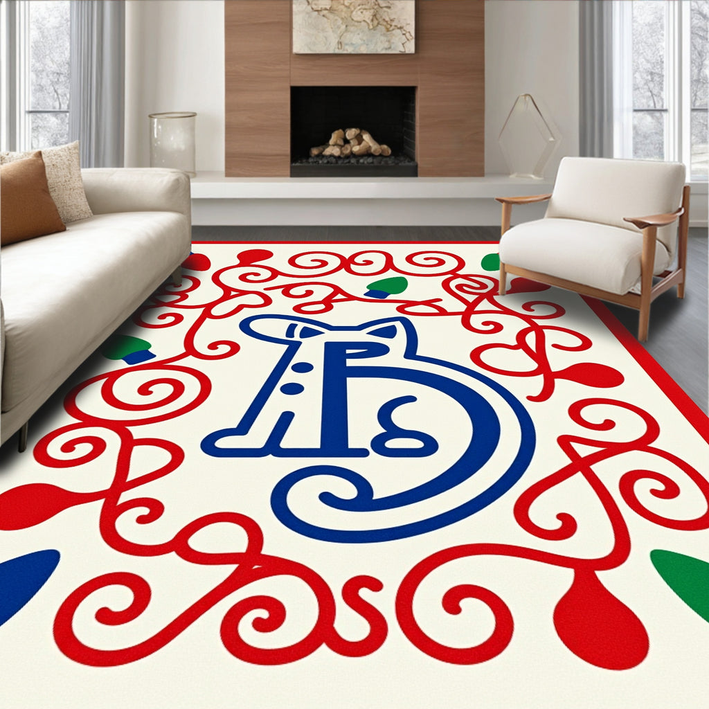 Bold Blue Cat Red Swirls Lights Rug