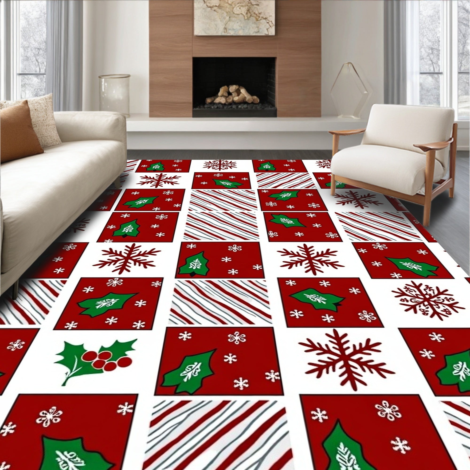 Red Green Holly Snowflake Stripe Collage Rug