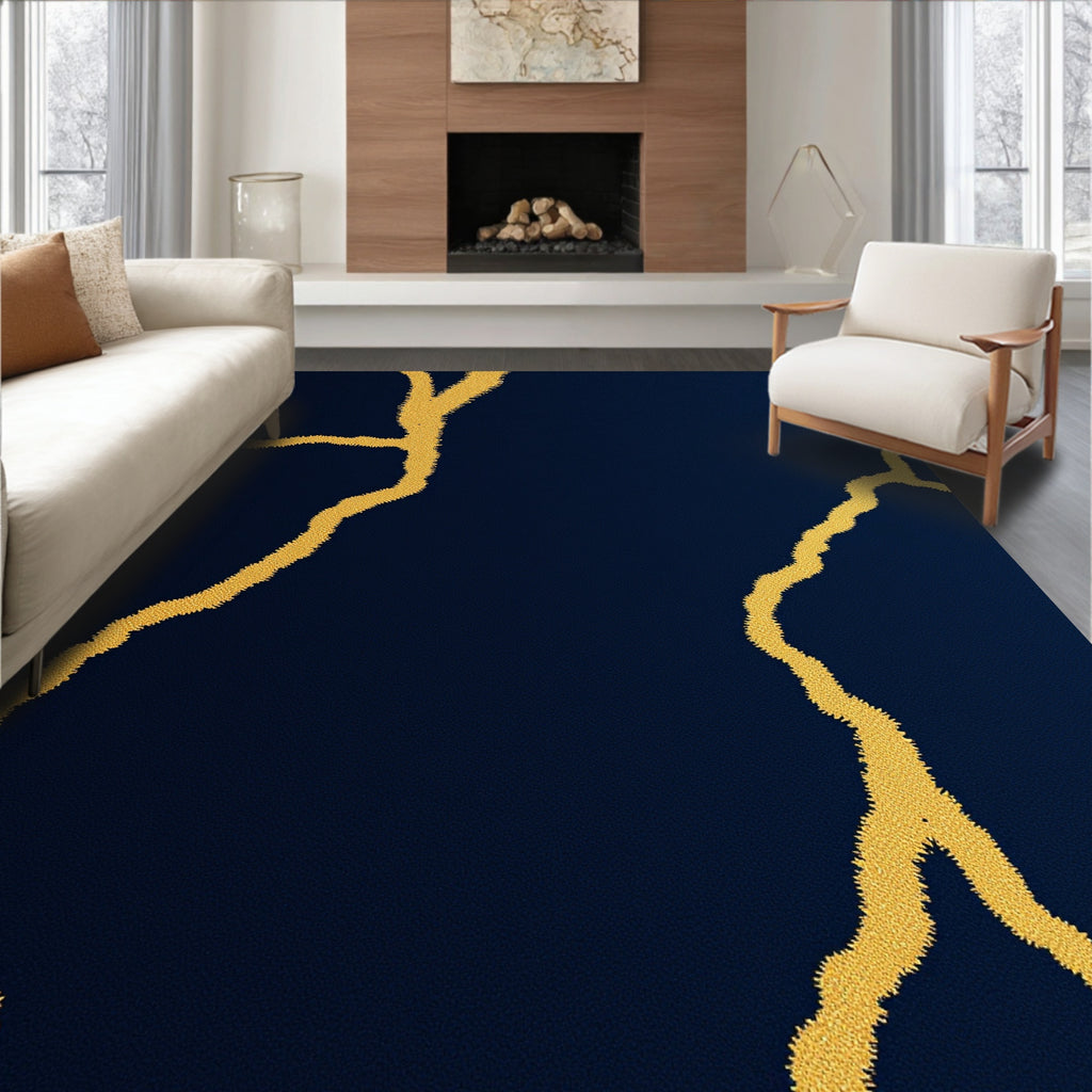 Navy Blue Golden Kintsugi Lines Rug