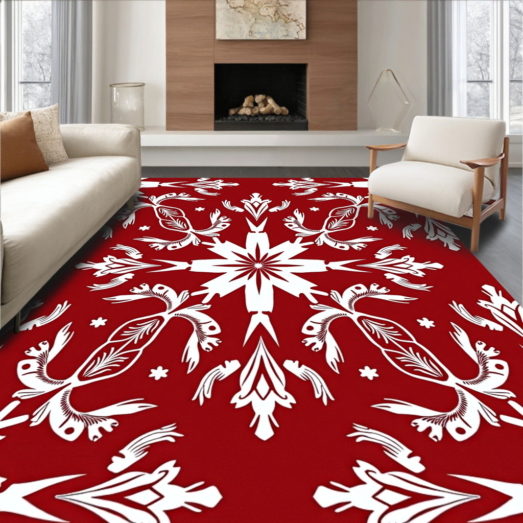 Crimson White Symmetry Floral Folk Rug