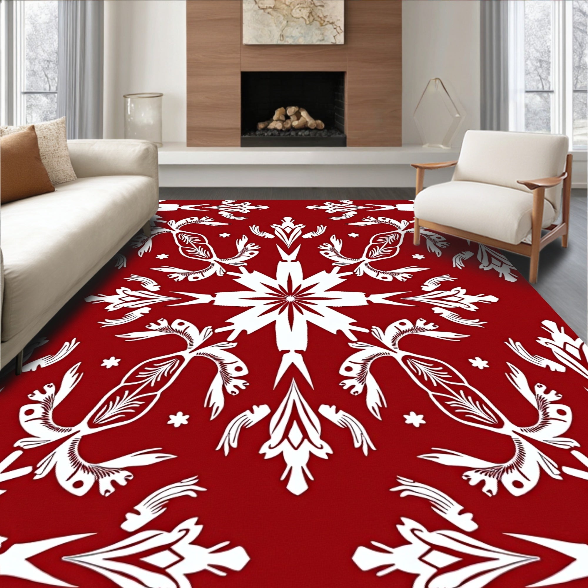 Crimson White Symmetry Floral Folk Rug