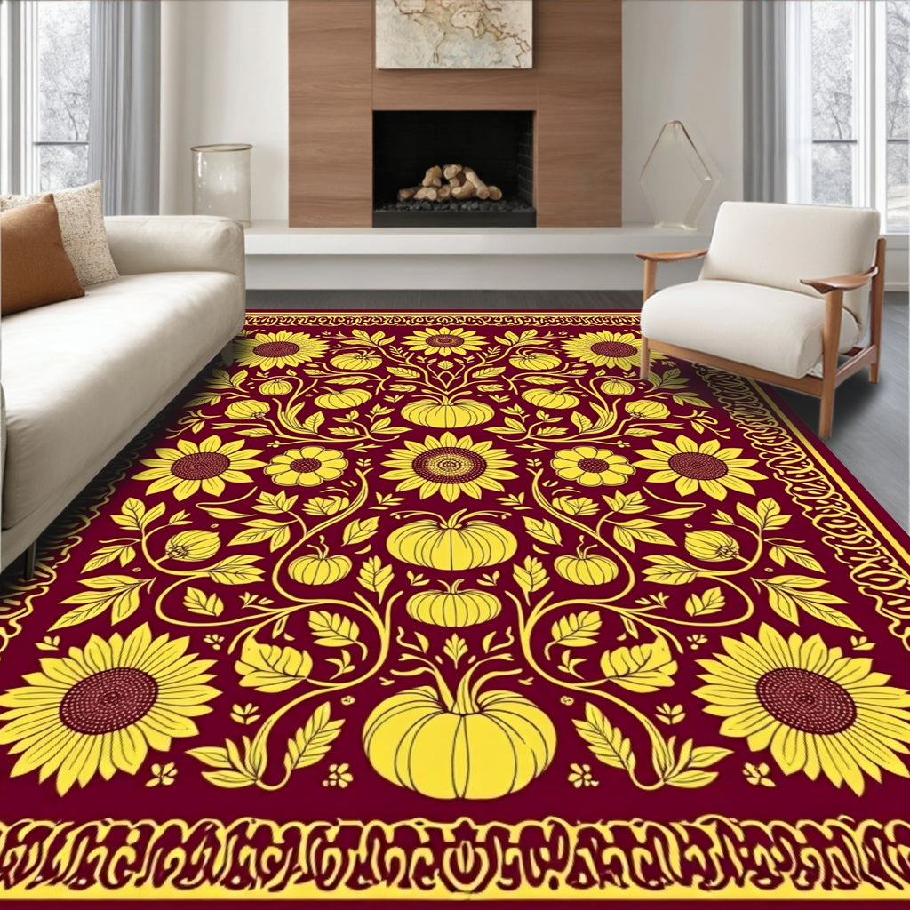 Burgundy and Gold Sunflower Pumpkin Floral Rug