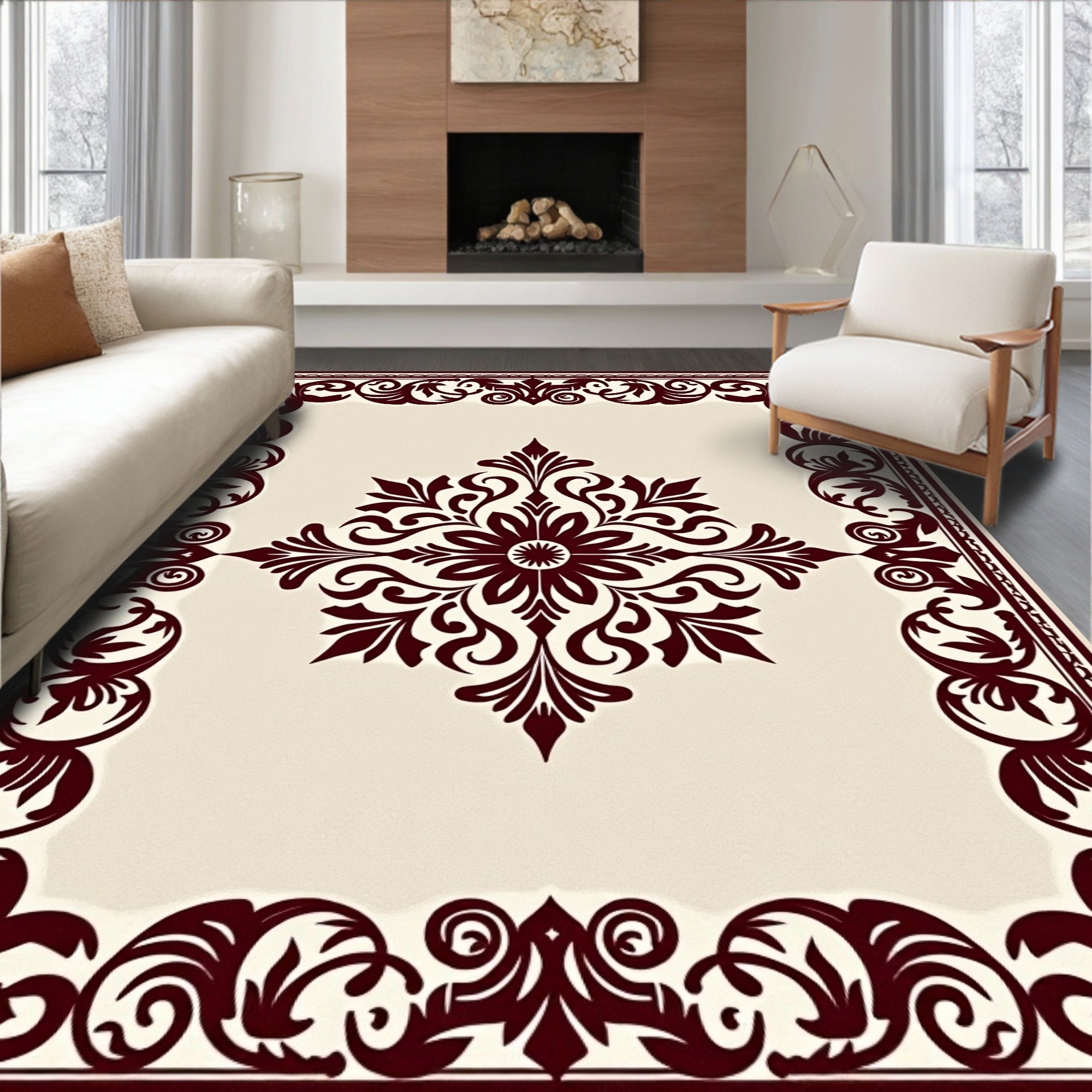 Deep Burgundy Floral Medallion Ivory Rug