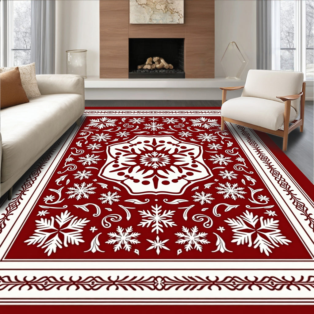 Crimson Snowflakes Medallion Border Rug