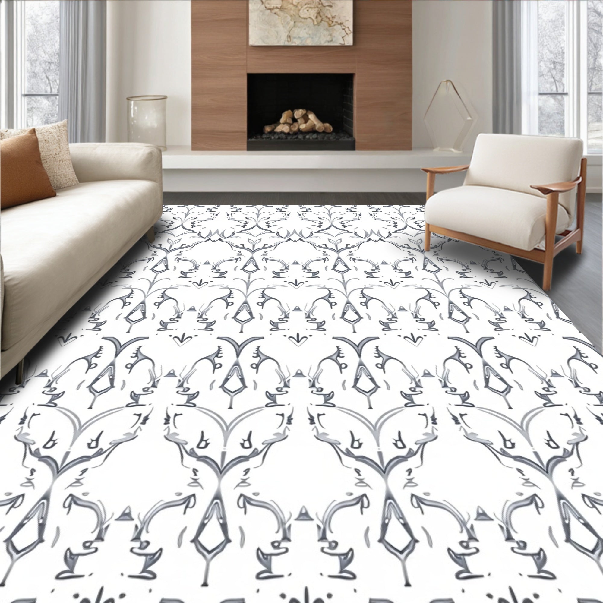 Silver White Elaborate Floral Scroll Rug