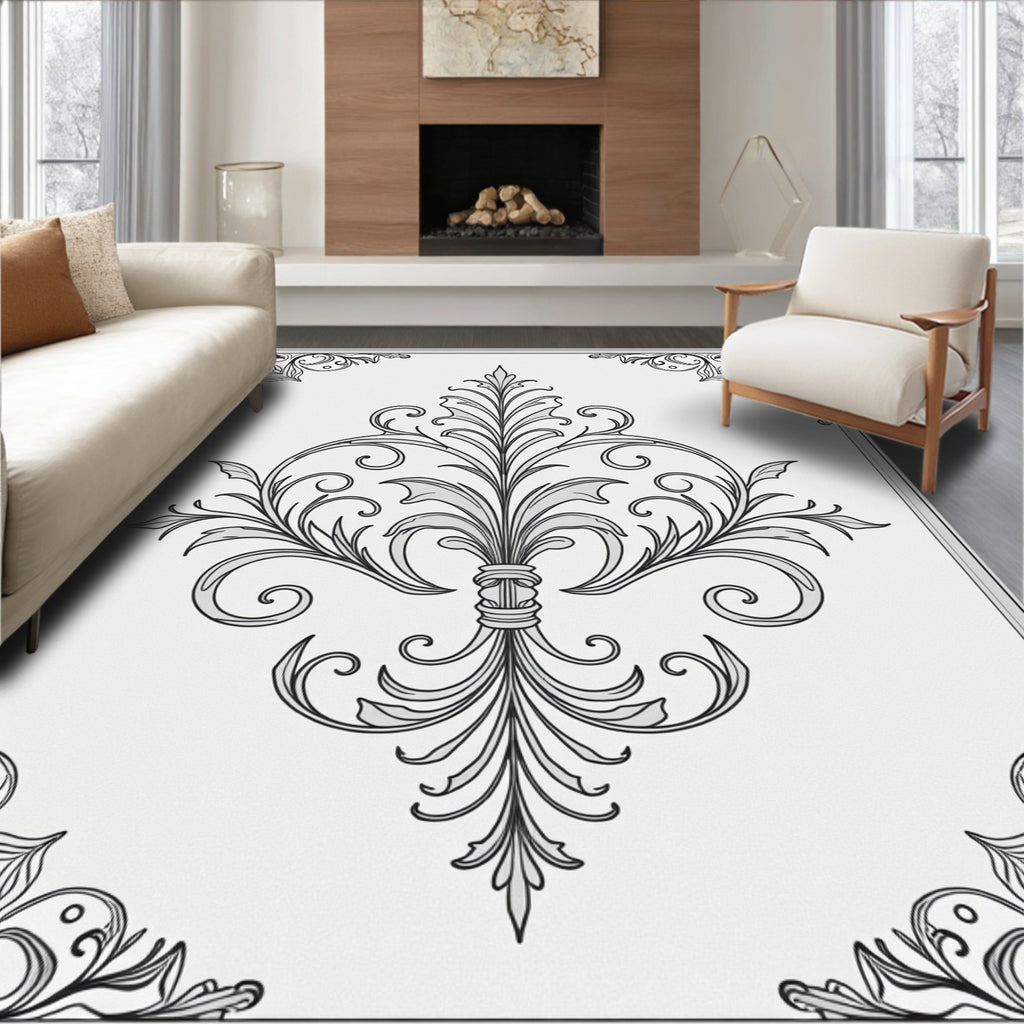 Ornate Black White Scrollwork Medallion Rug