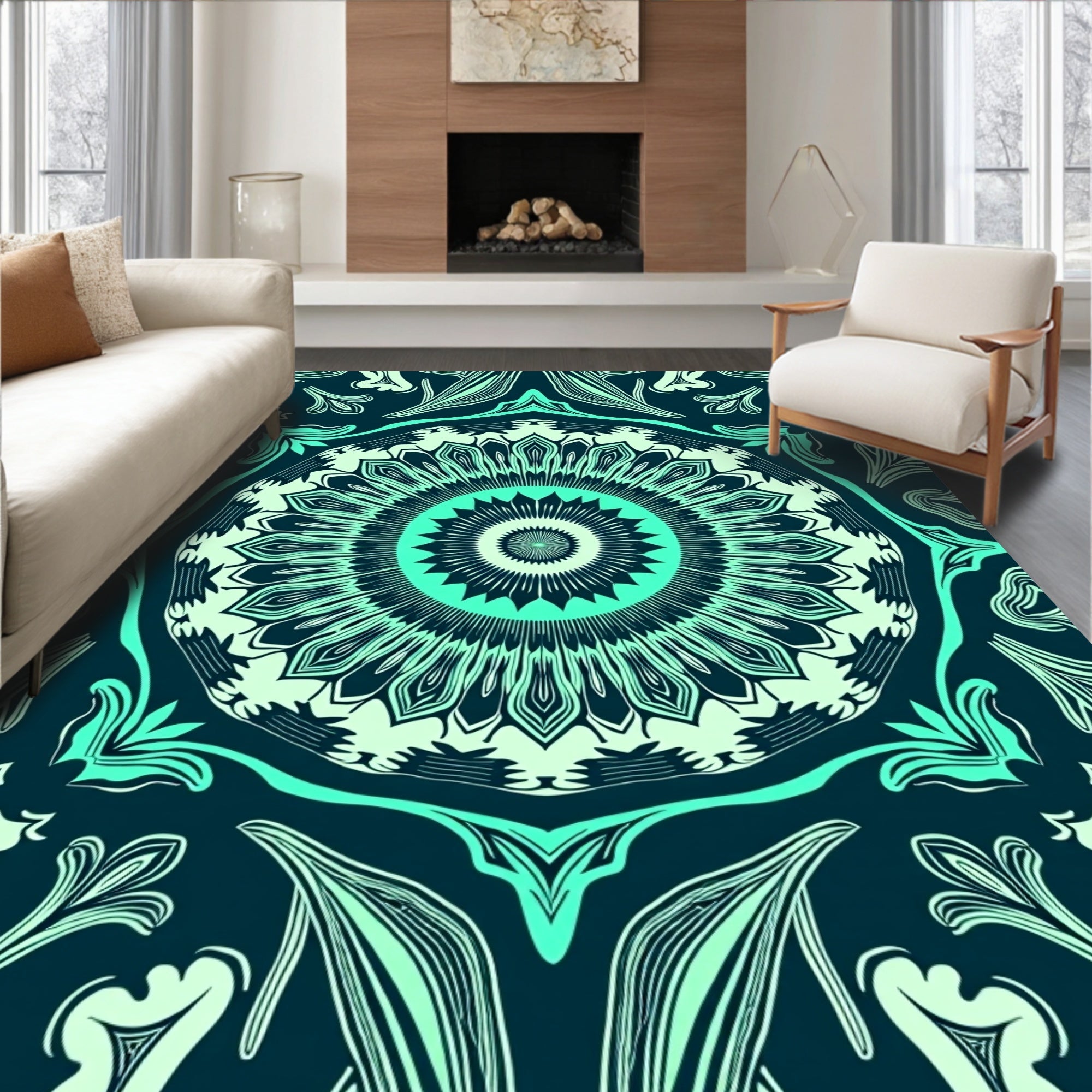 Teal Burst Mandala Floral Rug