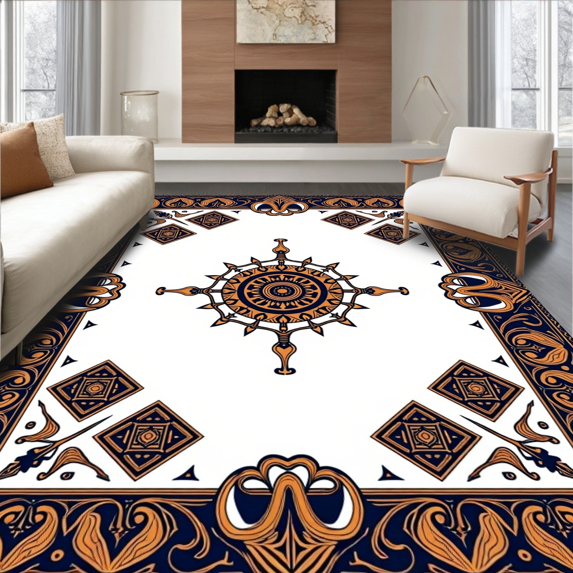Ornate Navy Gold Medallion Scroll Rug