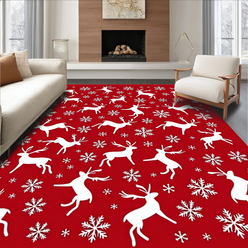 Bold Red White Reindeer Snowflakes Rug