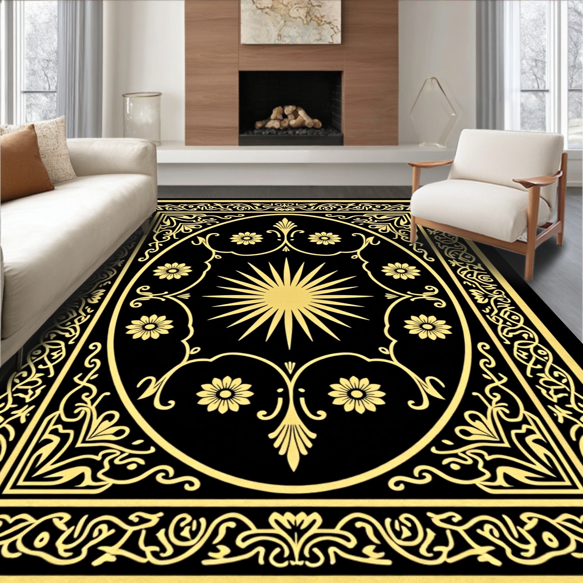 Gold Sun Floral Oval Frame Rug