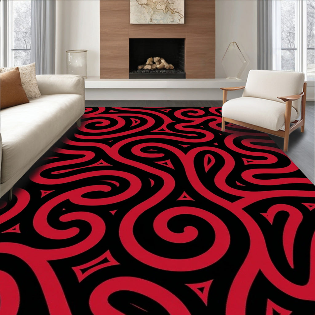 Bold Crimson Swirl Tribal Rug