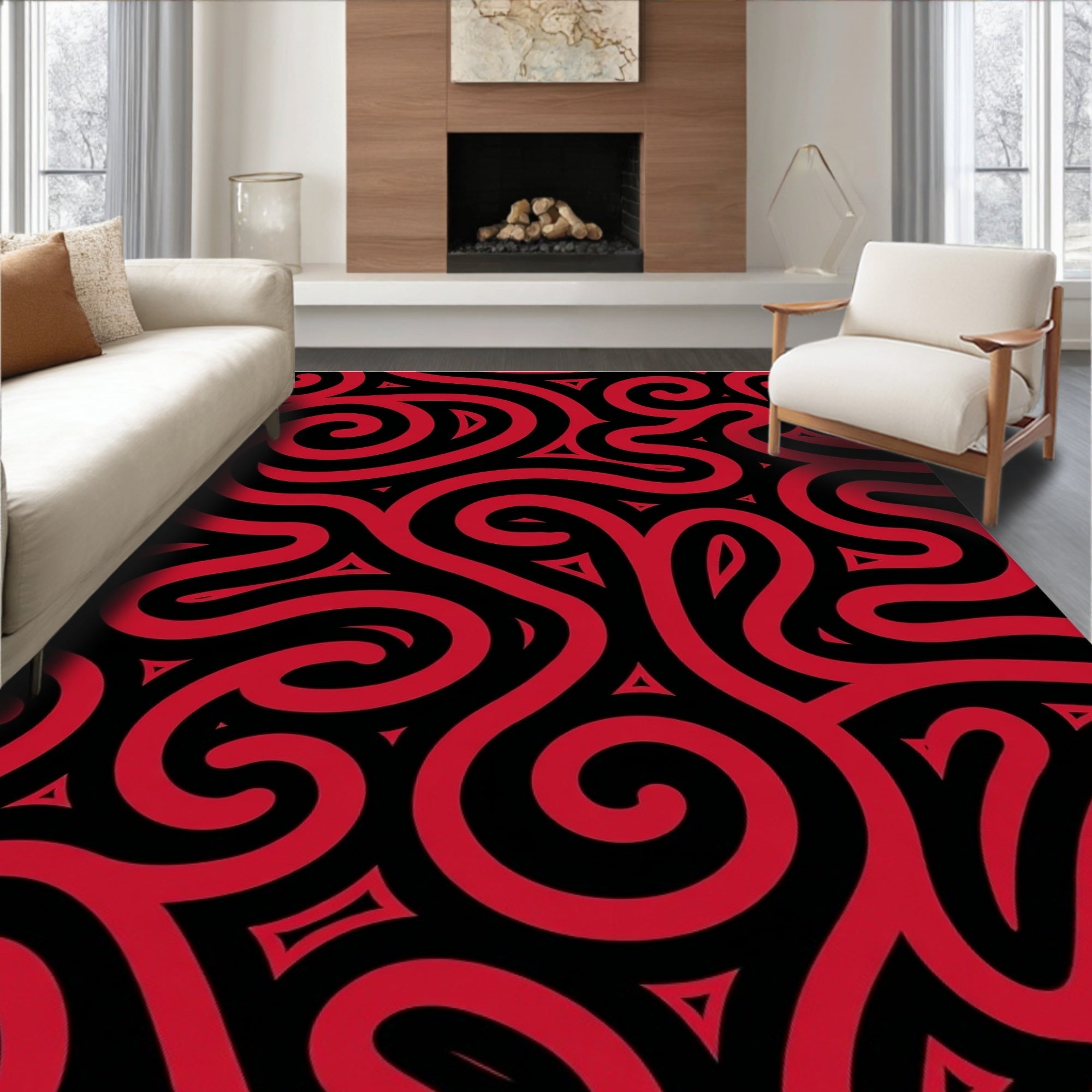 Bold Crimson Swirl Tribal Rug
