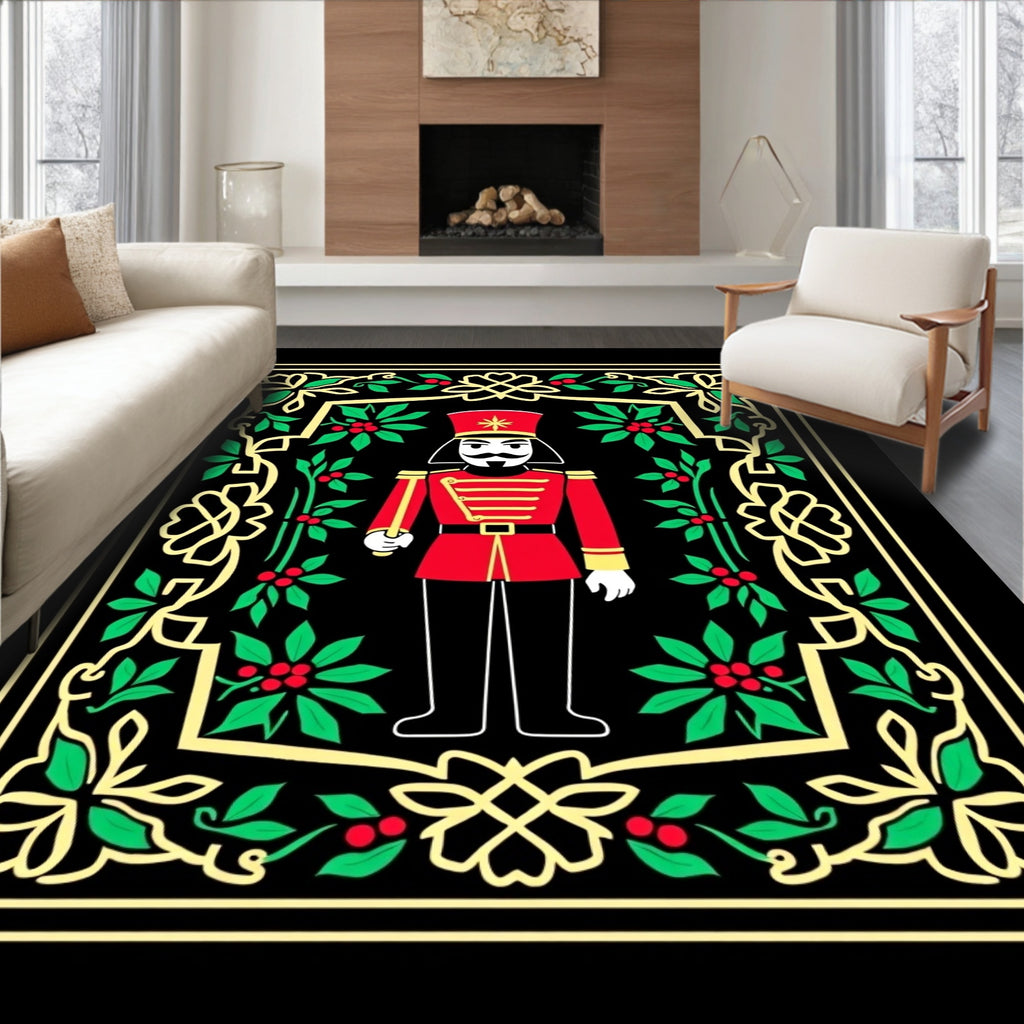 Festive Red Nutcracker Holly Border Rug