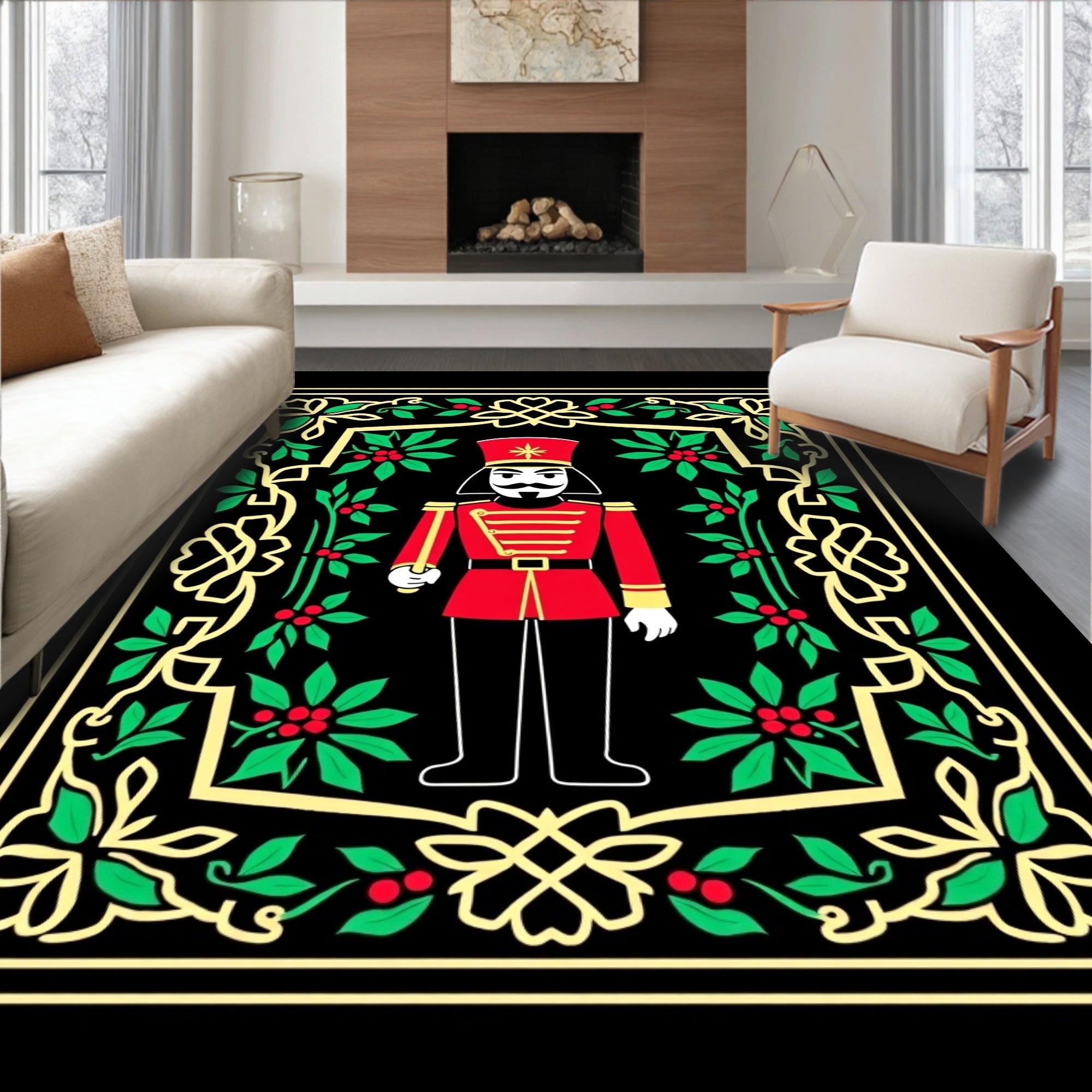 Festive Red Nutcracker Holly Border Rug