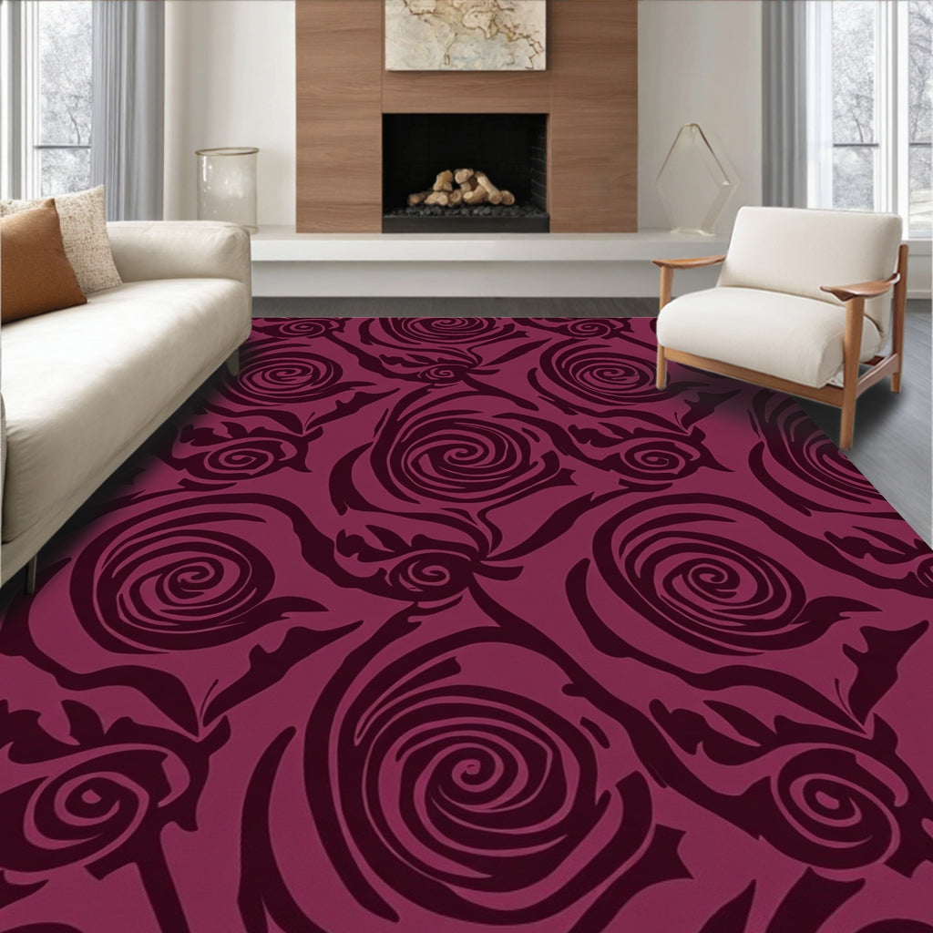 Deep Burgundy Swirl Floral Art Rug