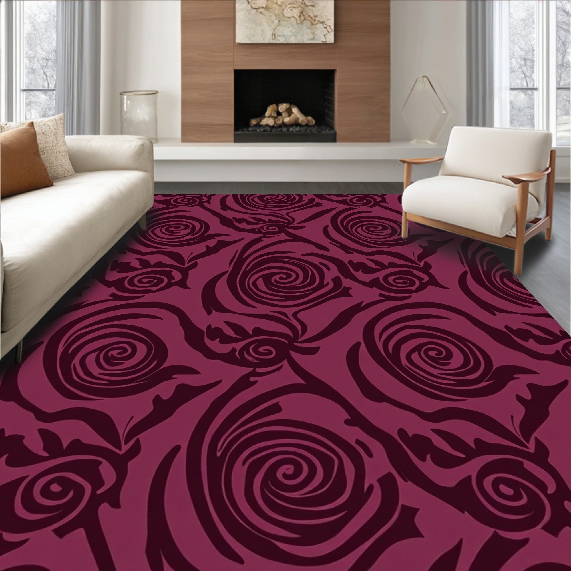 Deep Burgundy Swirl Floral Art Rug