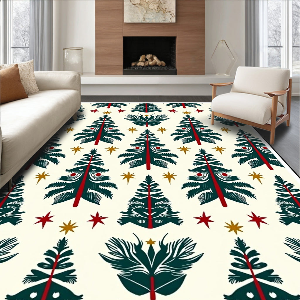 Festive Evergreen Trees with Stars Rug