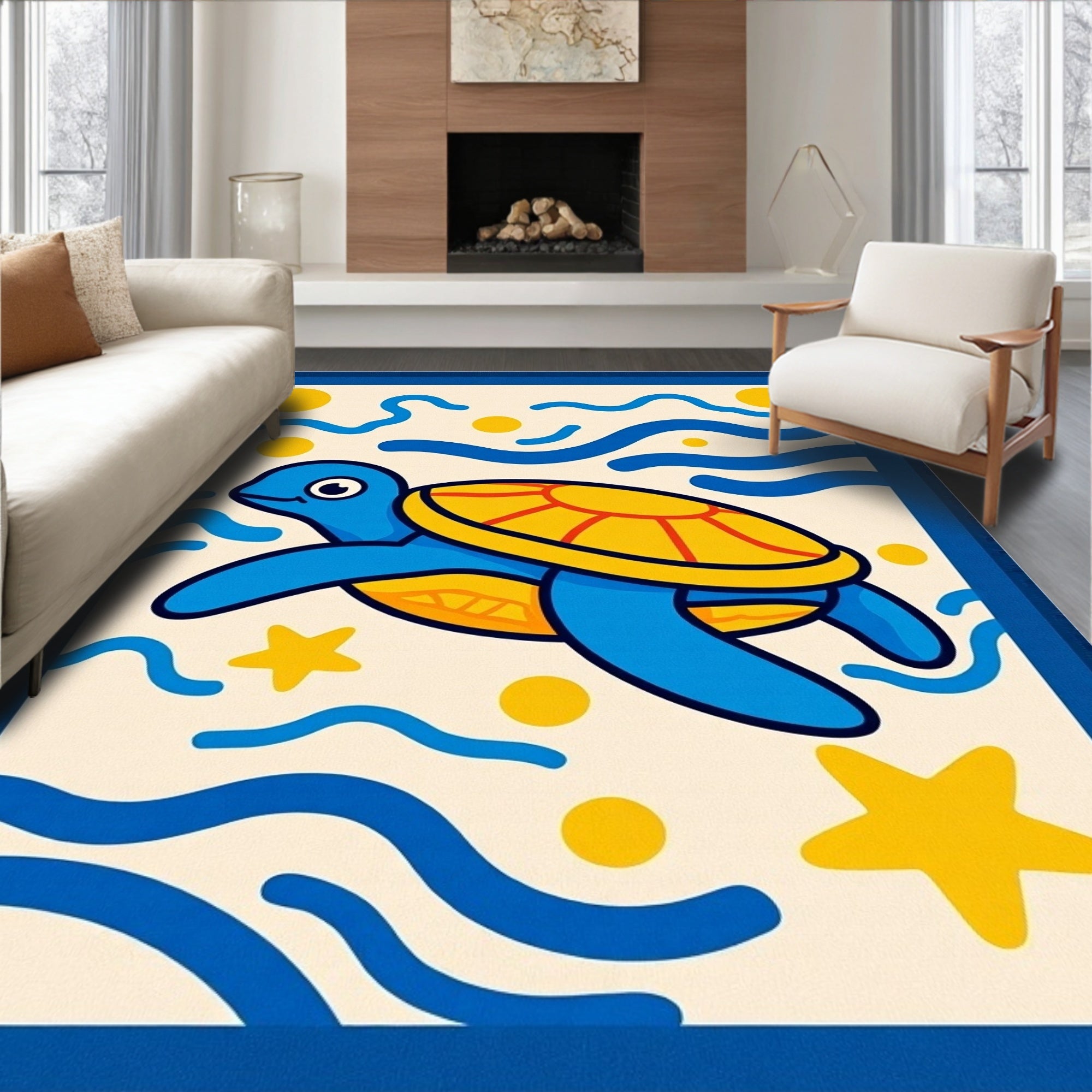 Whimsical Blue Turtle Oceanic Waves Rug