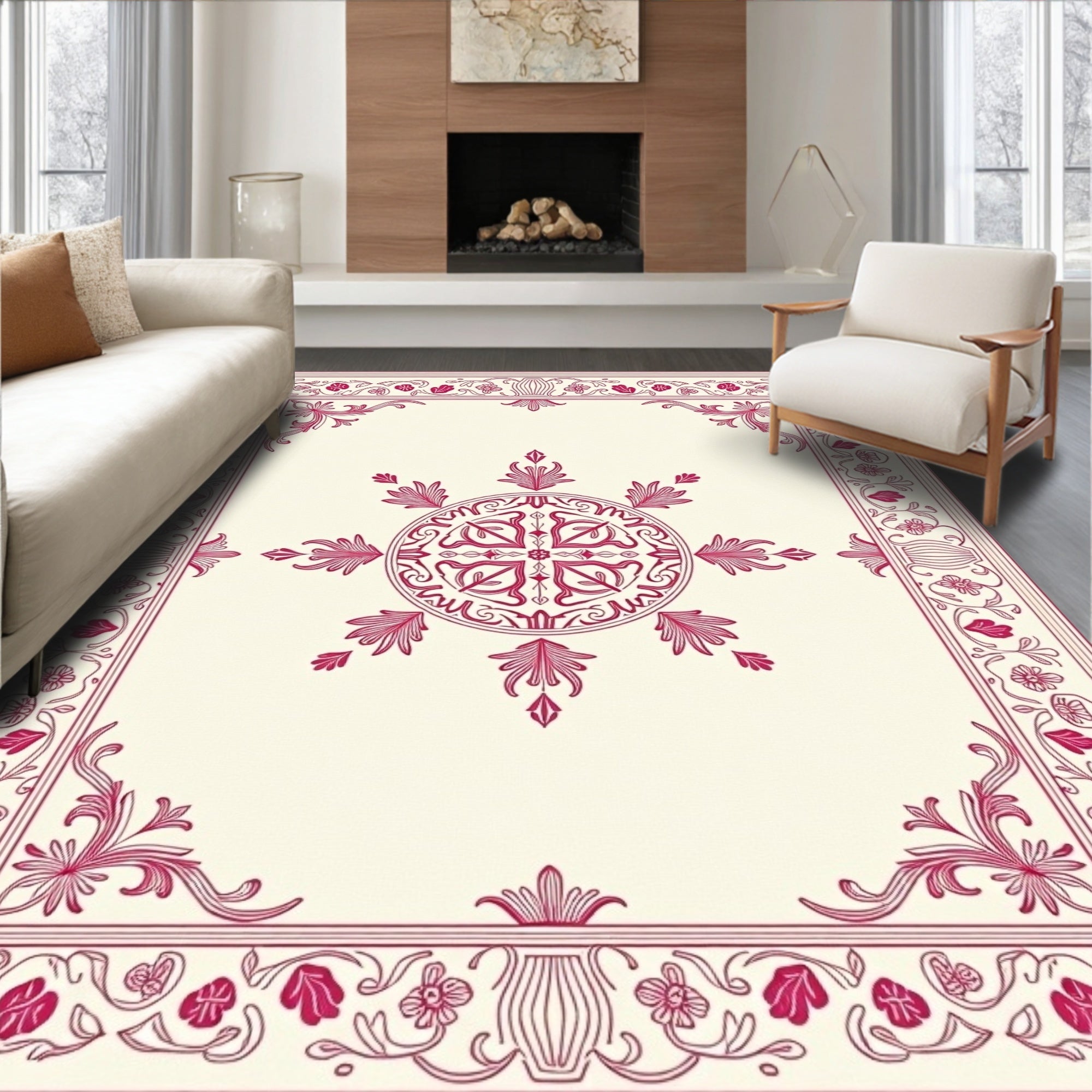 Crimson Medallion Floral Border Rug