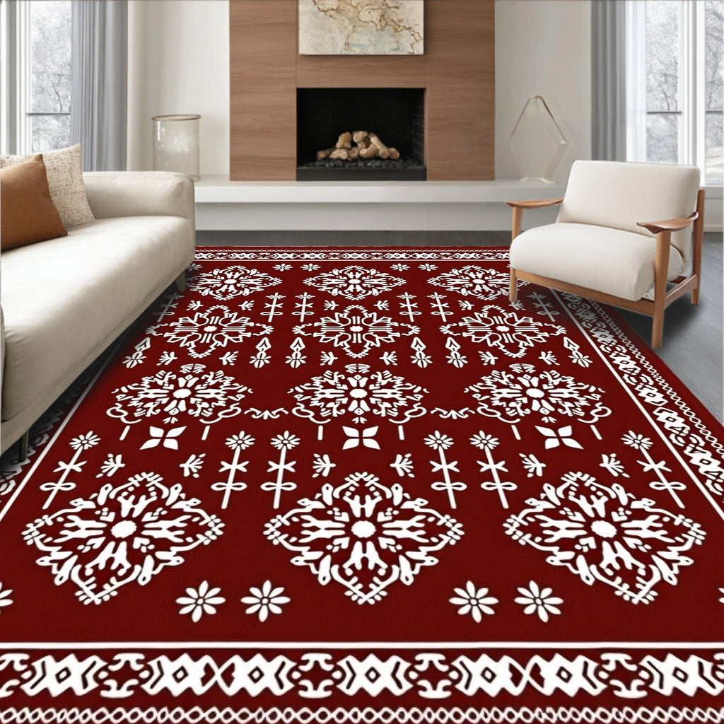 Crimson White Folk Art Botanical Rug